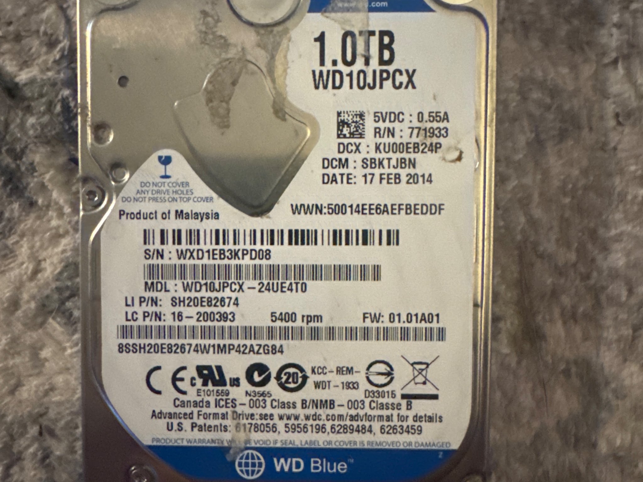 1TB Western Digital 2.5” HDD WD10JPCX