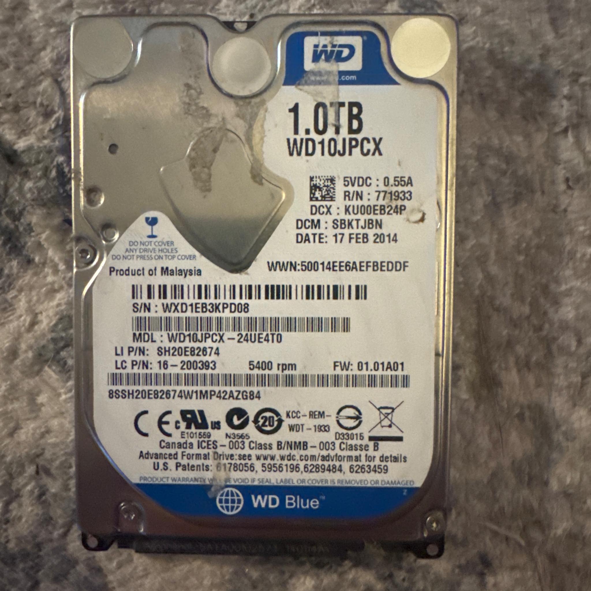 1TB Western Digital 2.5” HDD WD10JPCX