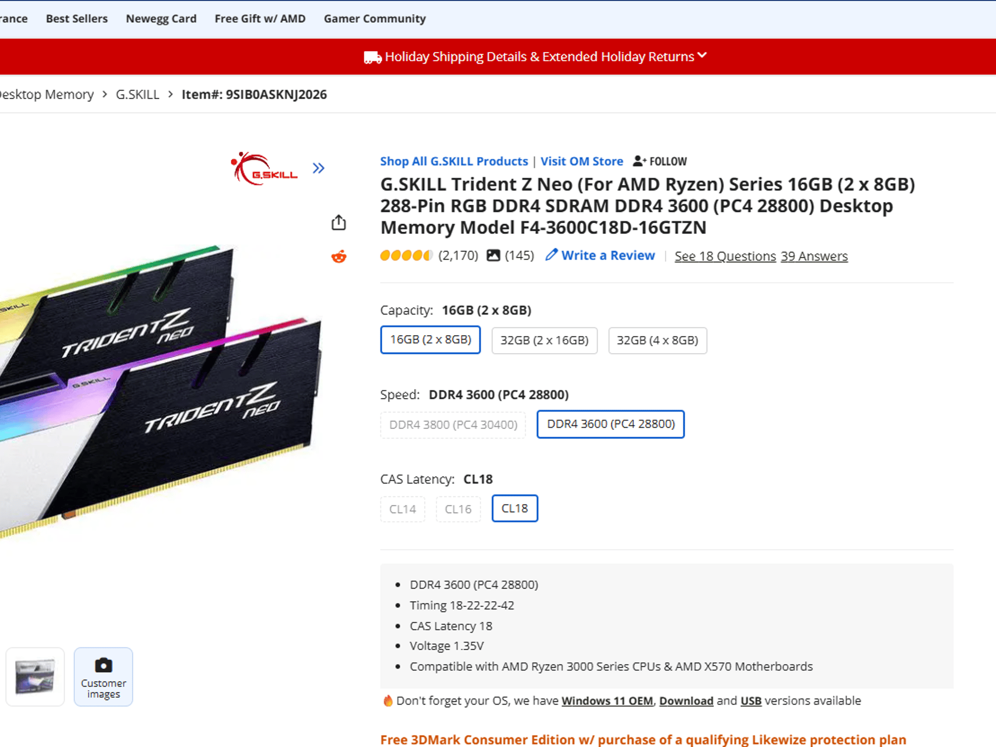 [SEALED] G.Skill Trident Z Neo 16GB (2x8GB) DDR4-3600 CL16 - Brand New RMA