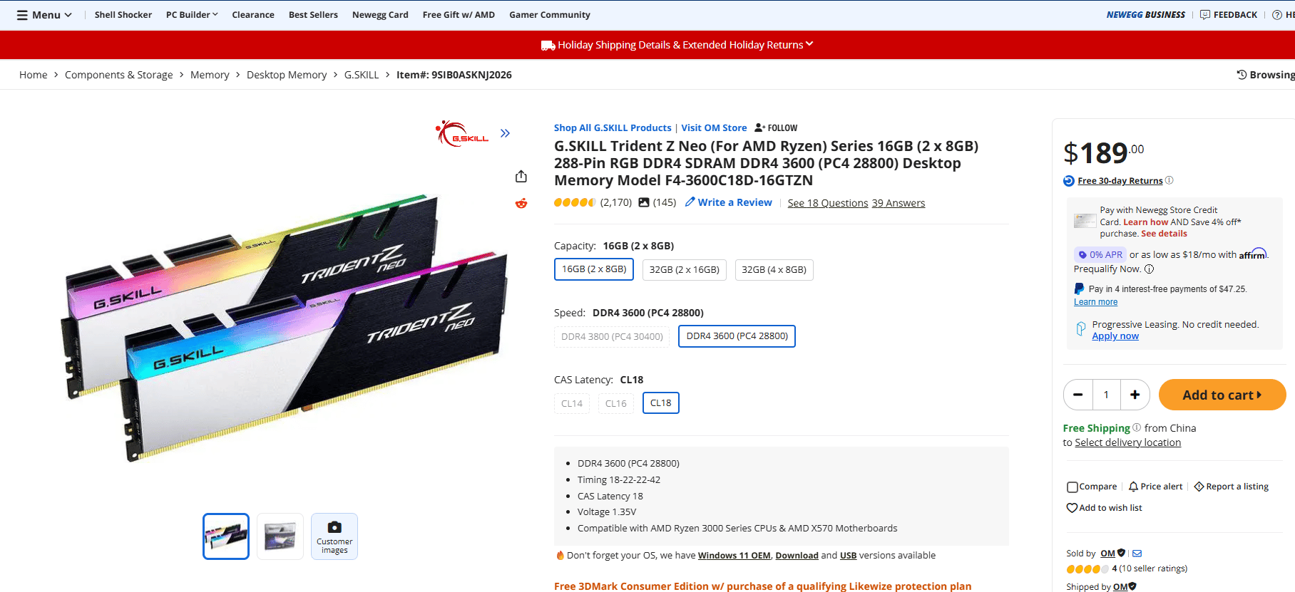 [SEALED] G.Skill Trident Z Neo 16GB (2x8GB) DDR4-3600 CL16 - Brand New RMA