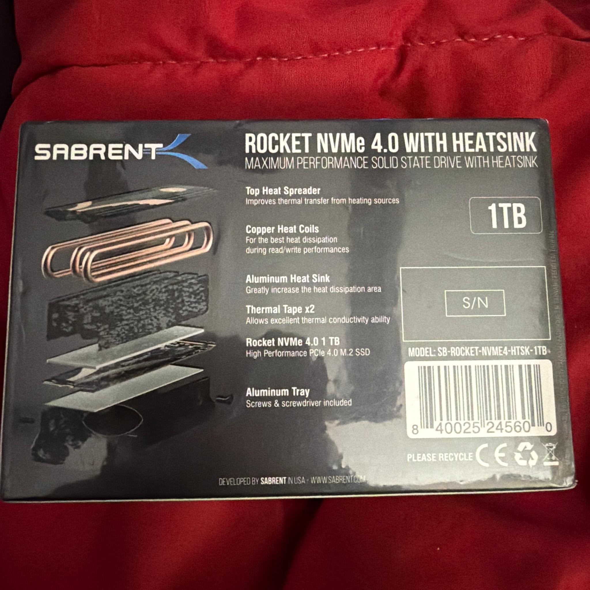 NEW SEALED Sabrent 1TB NVME M.2 Gen 4 SSD PCIe 4.0 with Heatsink built in Heatpipes