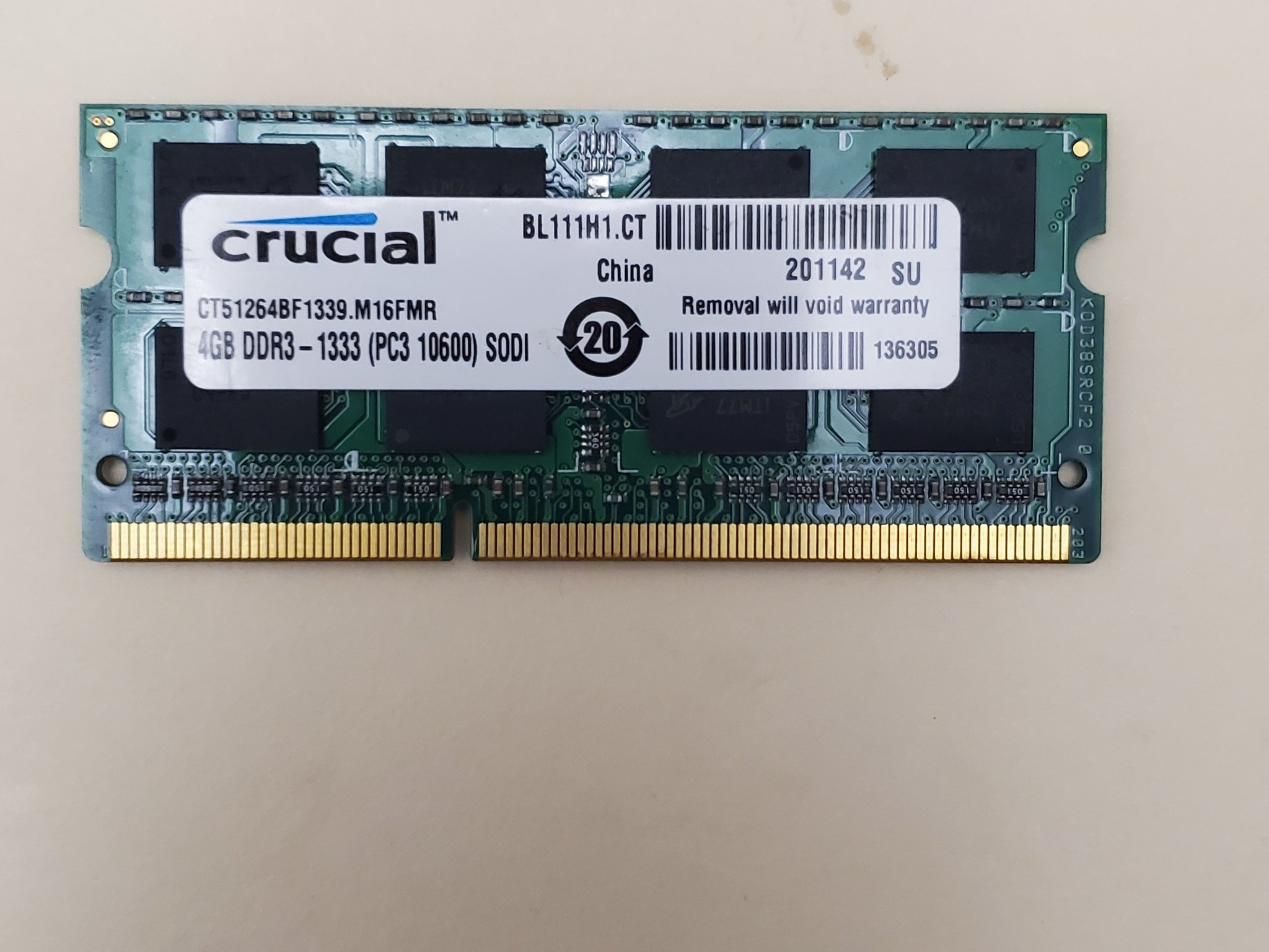 Crucial 4GB Single DDR3 1333 (PC3-10600) 204-Pin SODIMM Notebook Memory Module CT51264BF1339