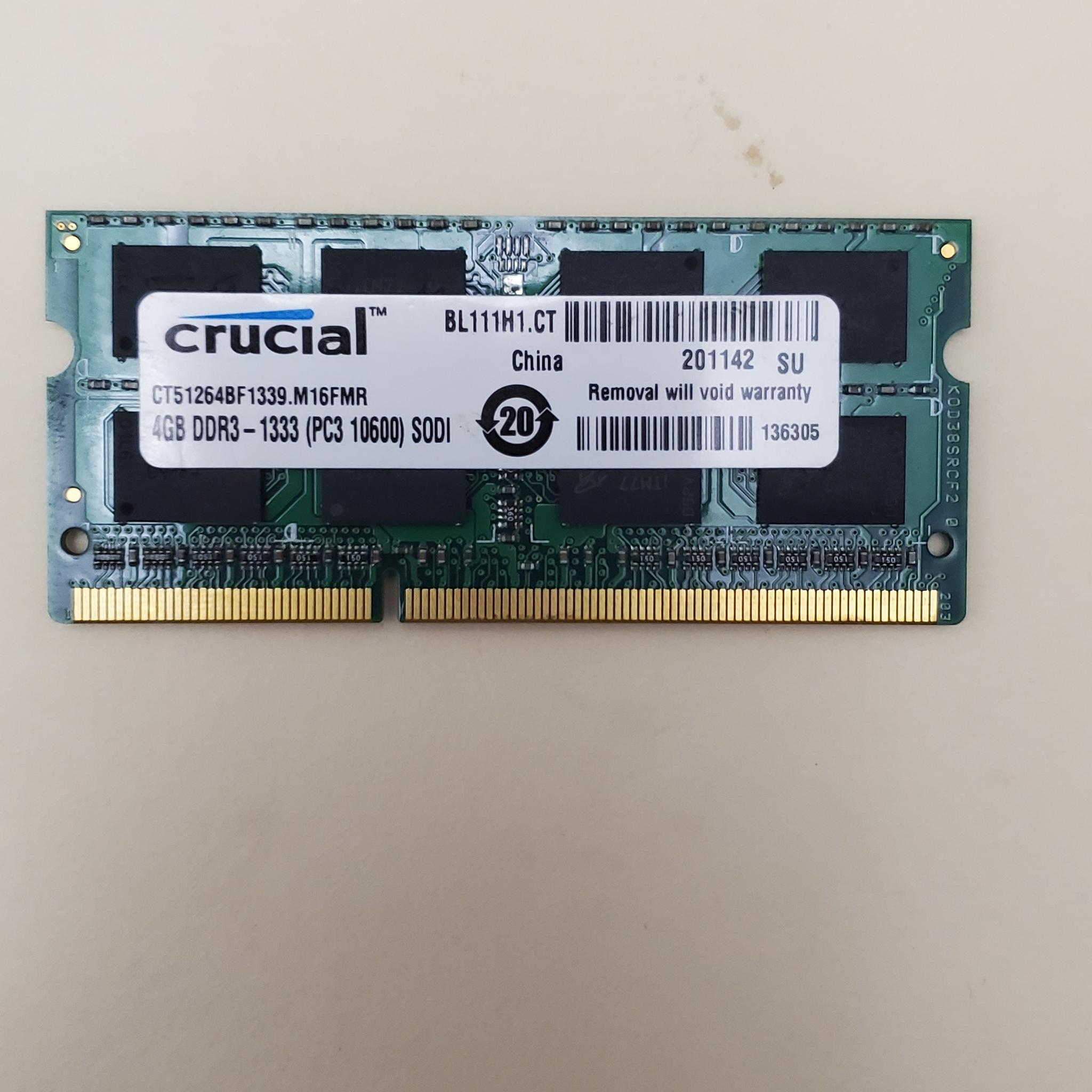 Crucial 4GB Single DDR3 1333 (PC3-10600) 204-Pin SODIMM Notebook Memory Module CT51264BF1339