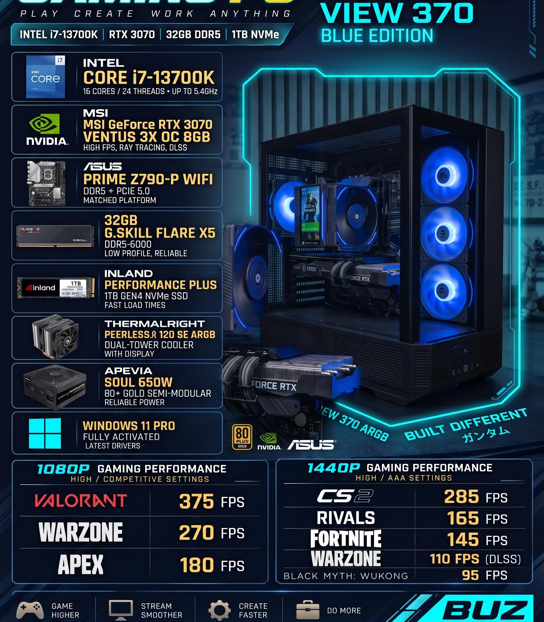 GeForce RTX 3070 Custom Gaming PC - Core i7-13700K, 16GB RAM, 1TB NVMe SSD