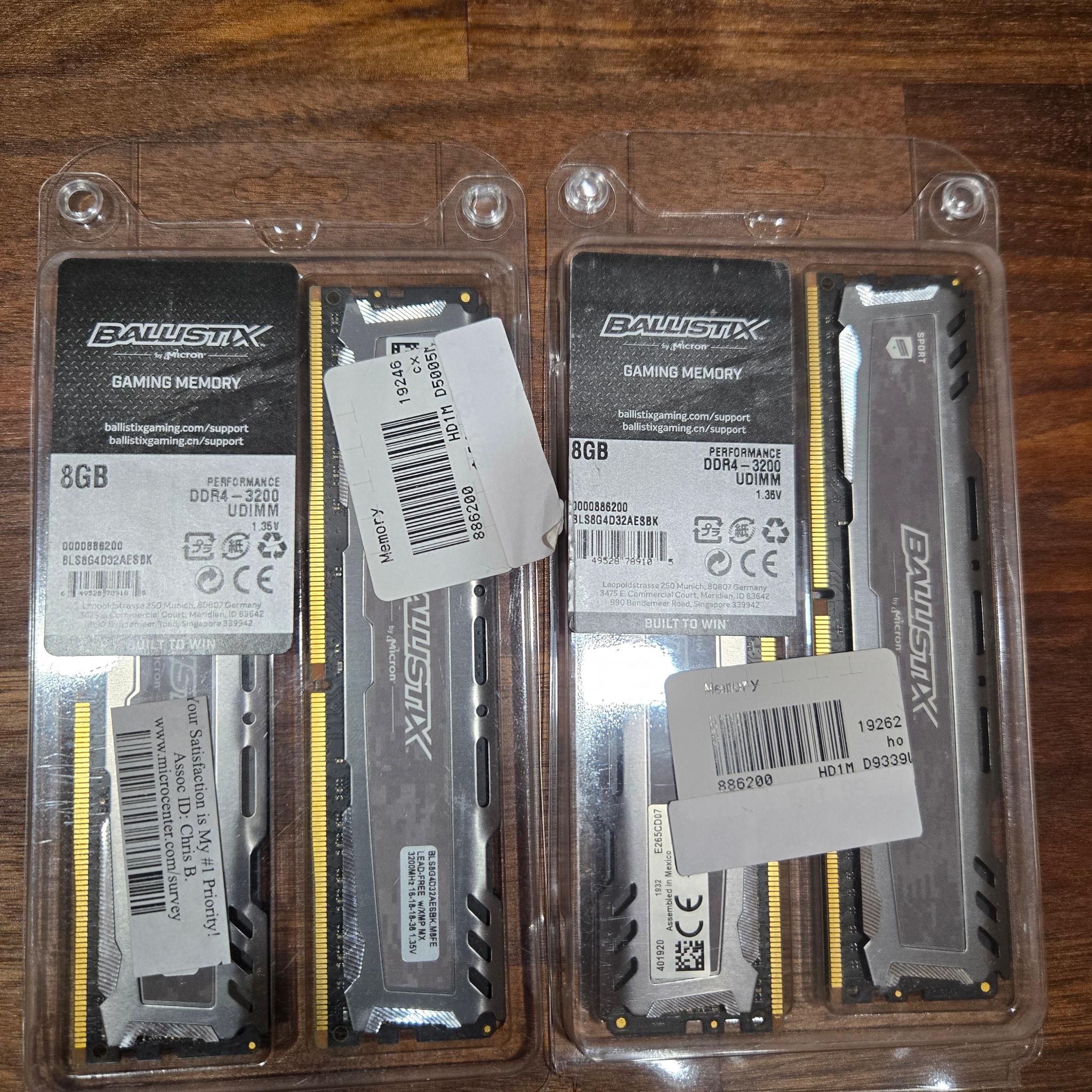 Crucial Ballistics 4x8gb 32gb single rank Cl16 3200mhz ddr4