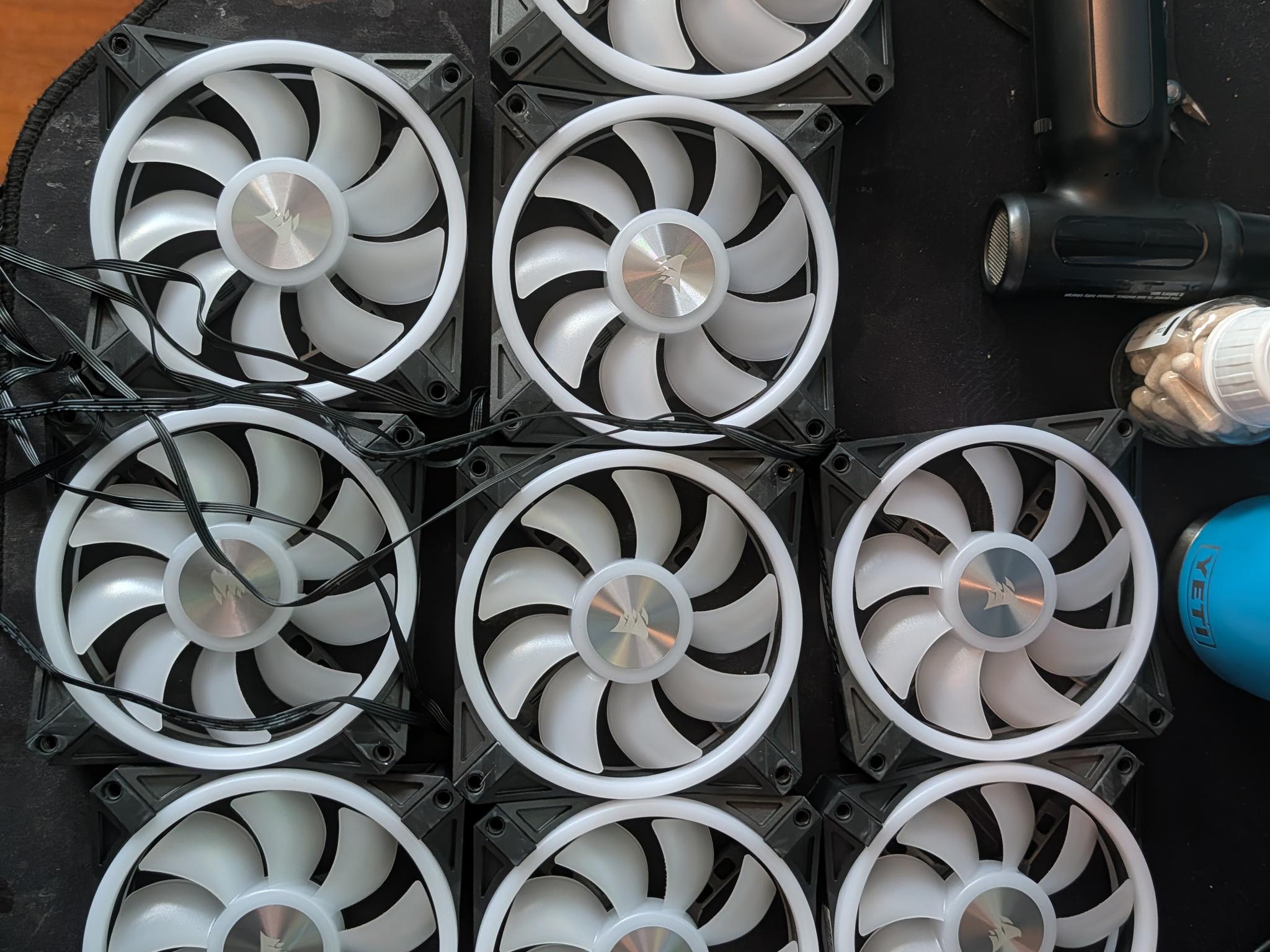 8 Corsair QL 120mm RGB fans and (1) Corsair QL 140mm RGB fan With (2) RGB hub & (1) Commander core