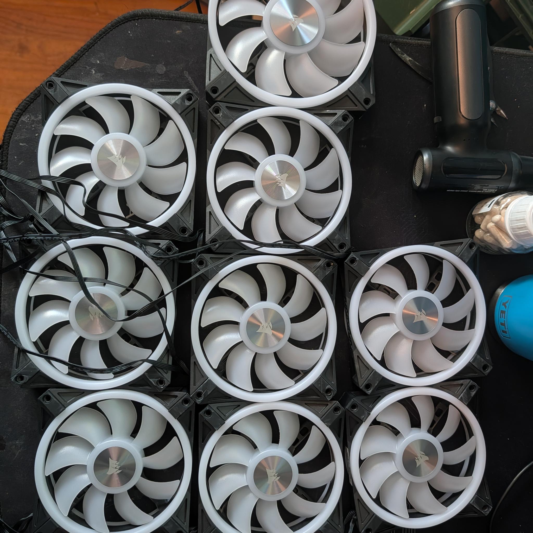 8 Corsair QL 120mm RGB fans and (1) Corsair QL 140mm RGB fan With (2) RGB hub & (1) Commander core