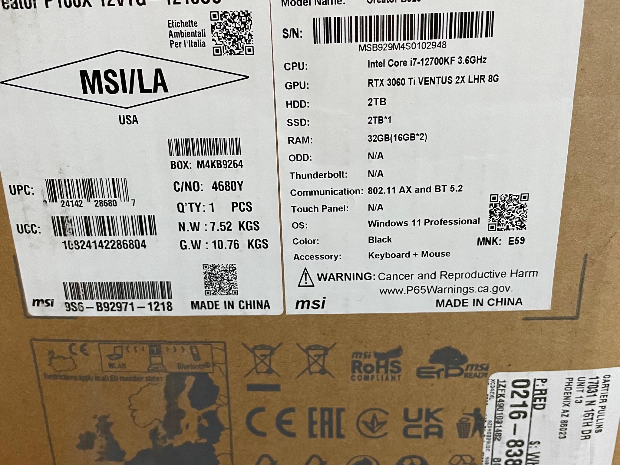 MSI Creator P100X 12700F - 7900 GRE- 32gb Ram - 2tb SSD - 2tb HDD