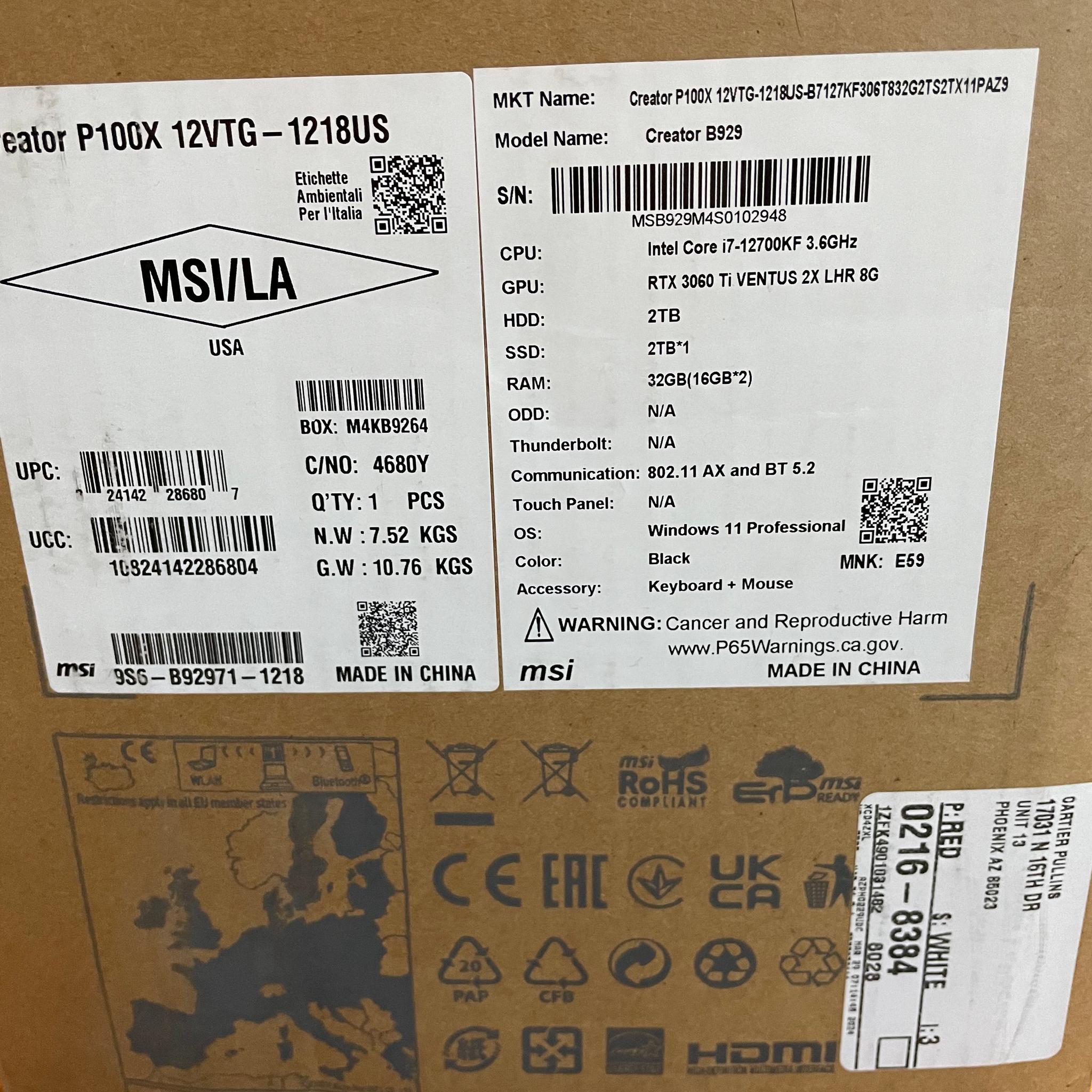 MSI Creator P100X 12700F - 7900 GRE- 32gb Ram - 2tb SSD - 2tb HDD