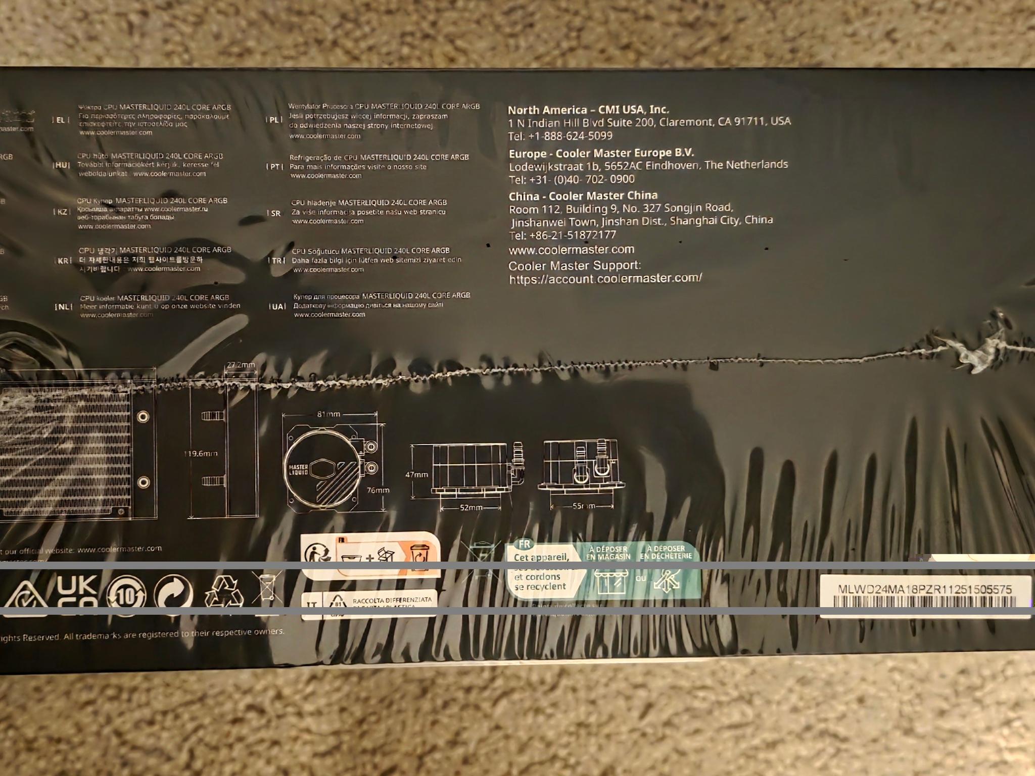 Cooler Master MasterLiquid 240L Core 240mm AIO ARGB Liquid CPU Cooler Black Brand New Sealed