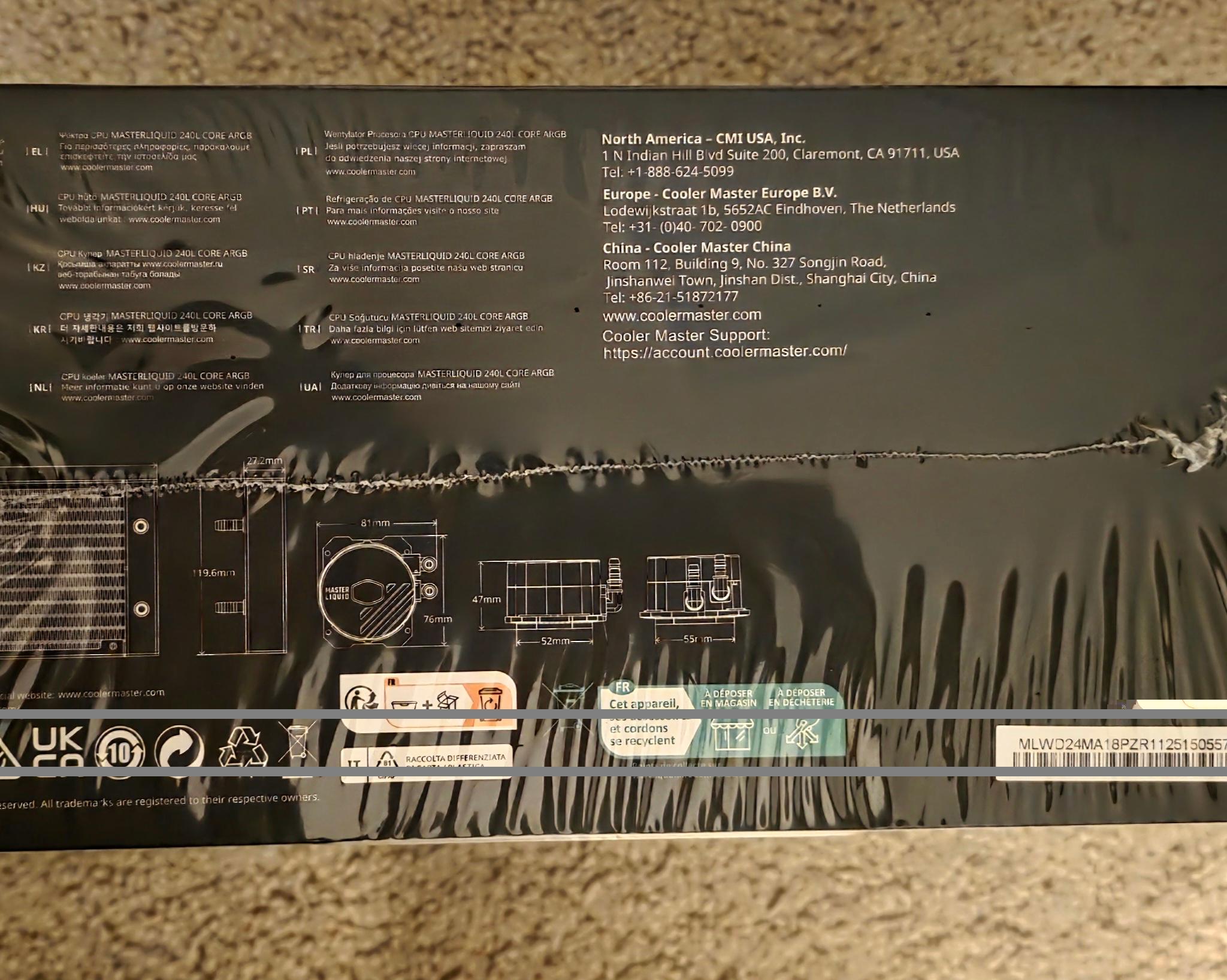 Cooler Master MasterLiquid 240L Core 240mm AIO ARGB Liquid CPU Cooler Black Brand New Sealed