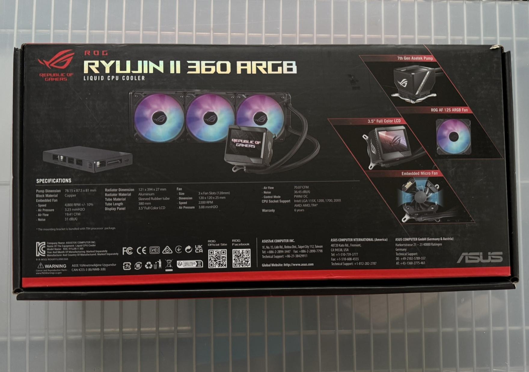 New. 360 Liquid CPU Cooler AIO. Asus ROG Ryujin II 360 ARGB.