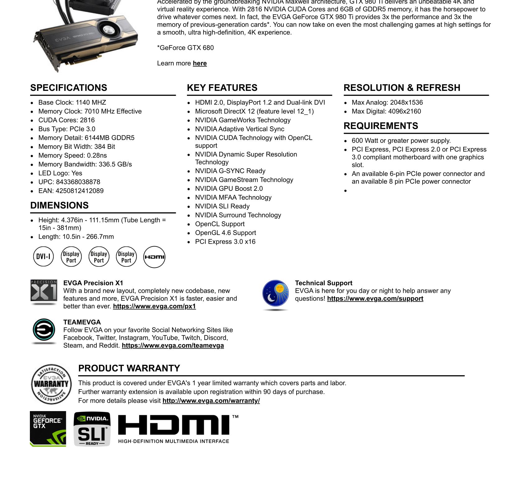 EVGA GeForce GTX 980 Ti HYBRID GAMING 06G-P4-1996-RX