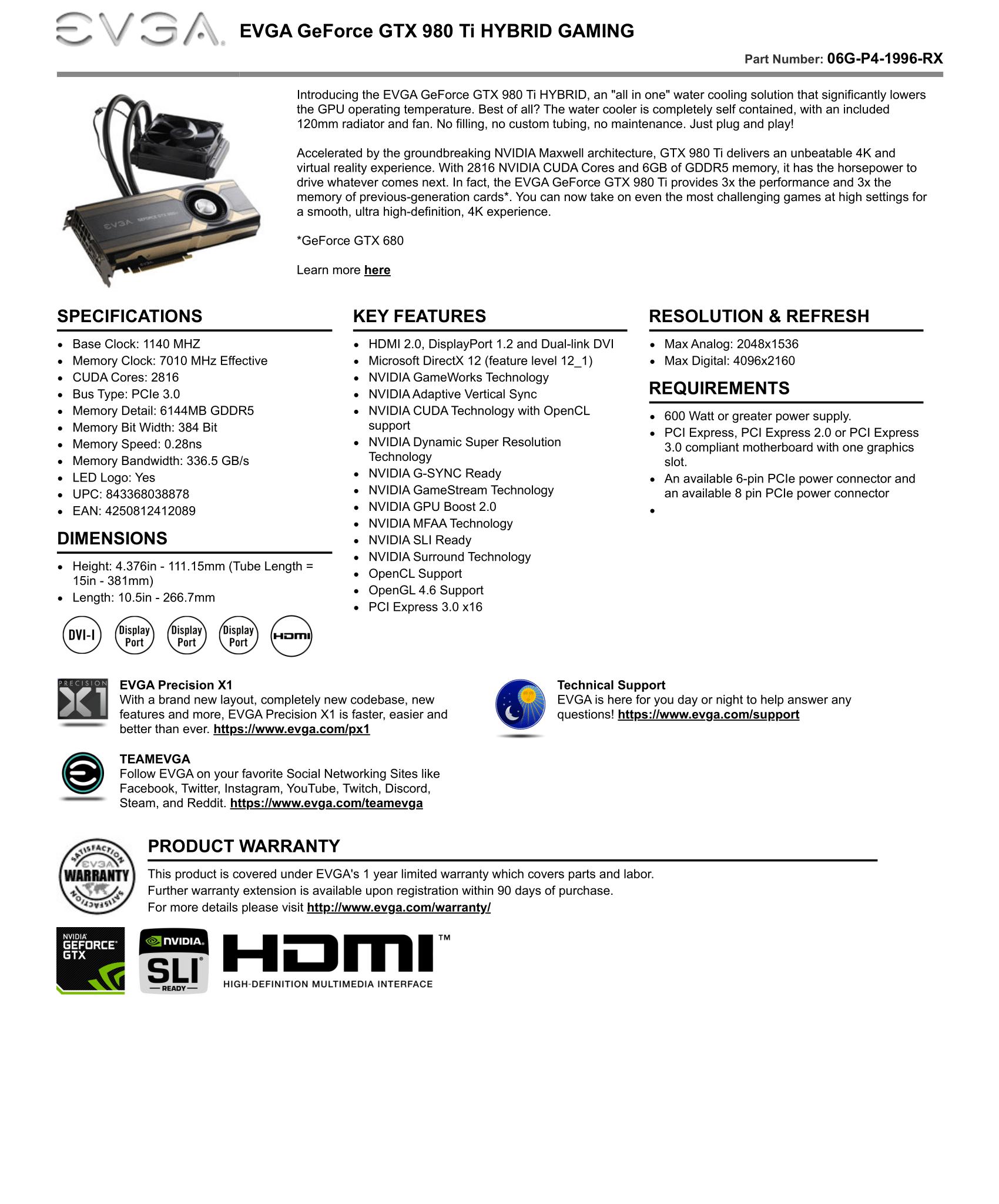 EVGA GeForce GTX 980 Ti HYBRID GAMING 06G-P4-1996-RX