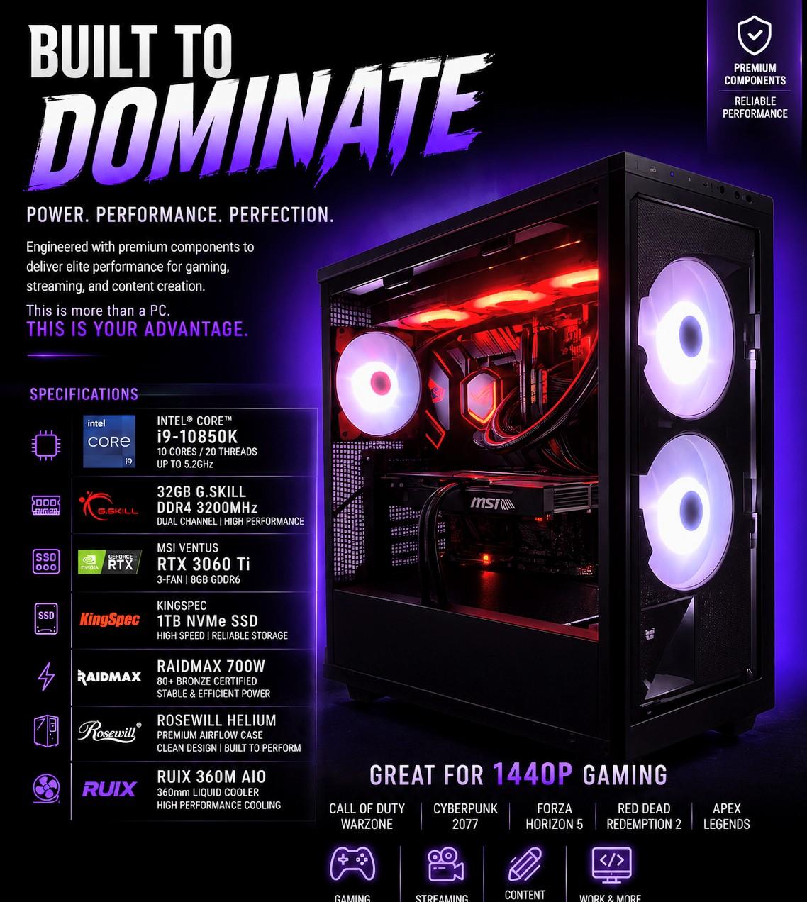 🔥 Titan Creator Gaming PC | i9-10850K • RTX 3060 Ti • 32GB RAM • 1440P Ready🔥