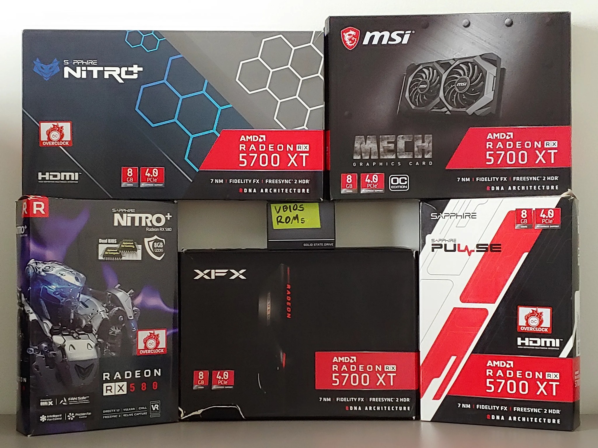 Lot of 8 AMD GPUs – RX 5700 XT (x6) + RX 580 (x2) – VBIOS Disk Included – Clean, Working, A/C Stored