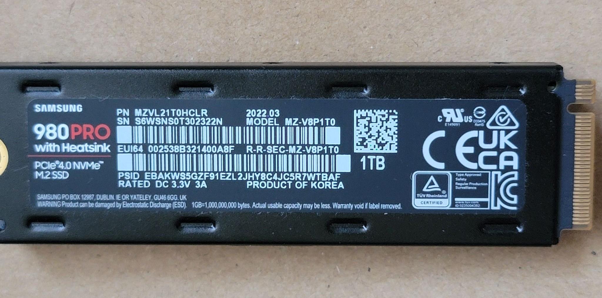 SAMSUNG 980 PRO SSD with Heatsink 1TB PCIe Gen 4 NVMe M.2 Internal Solid State Drive - USED