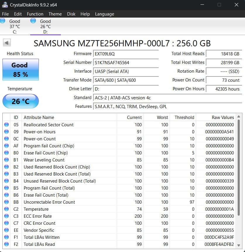 Samsung 256GB SSD SATA 2.5" Internal Hard Drive Lot of 2