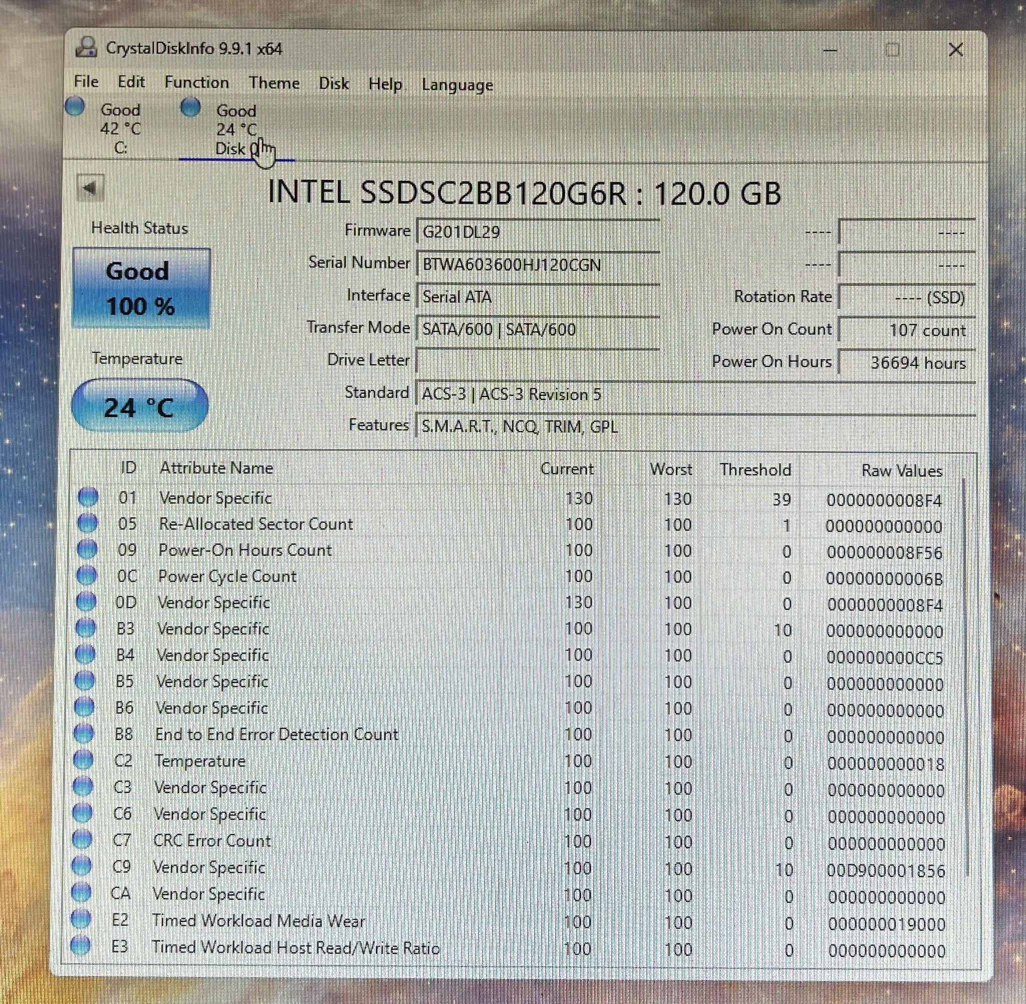 120GB Intel DC S3510 Series SATA SSD with DRAM 100% Health