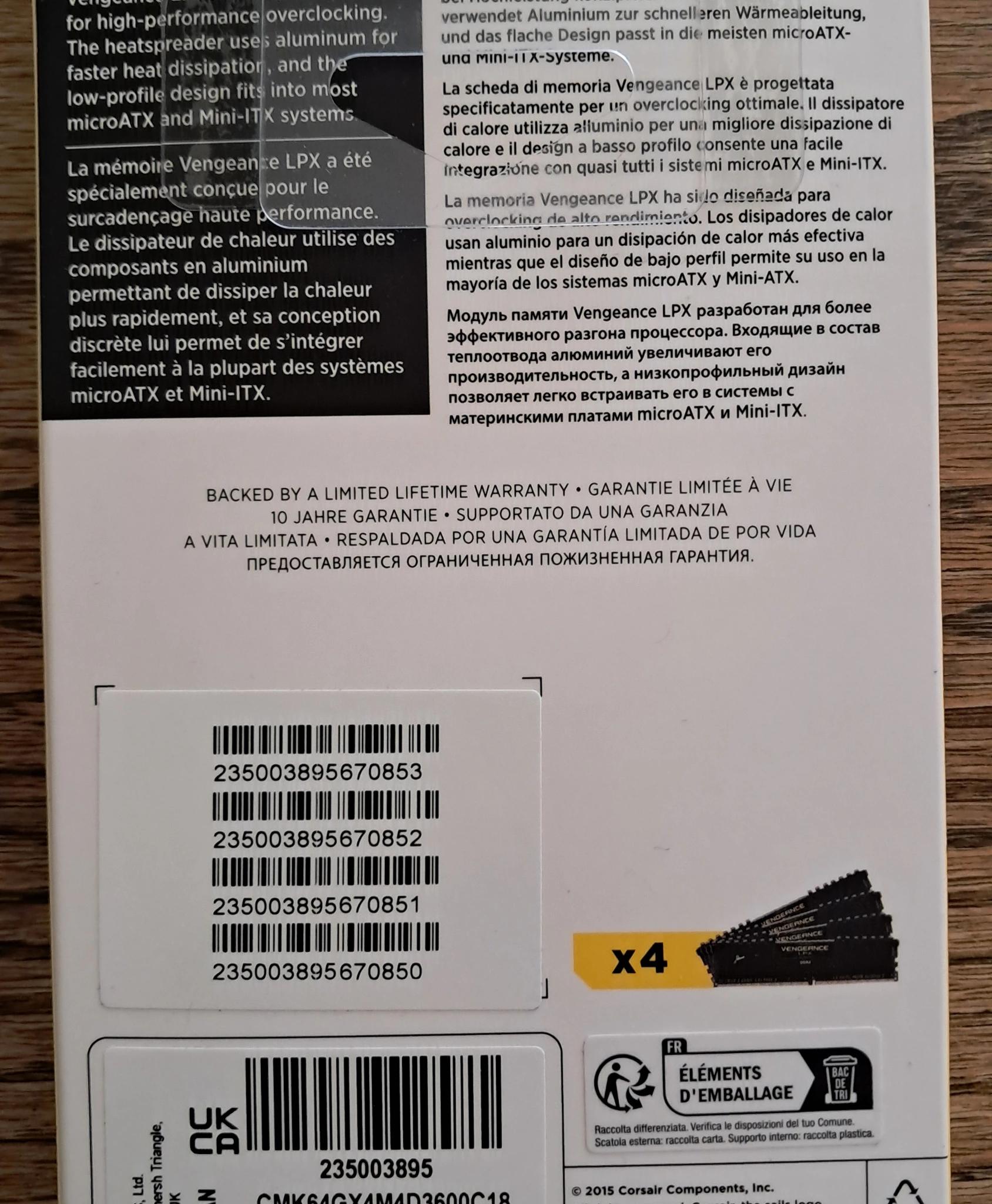 Corsair Vengeance LPX RAM, DDR4 3600MHz CL18 64GB(4x16GB)
