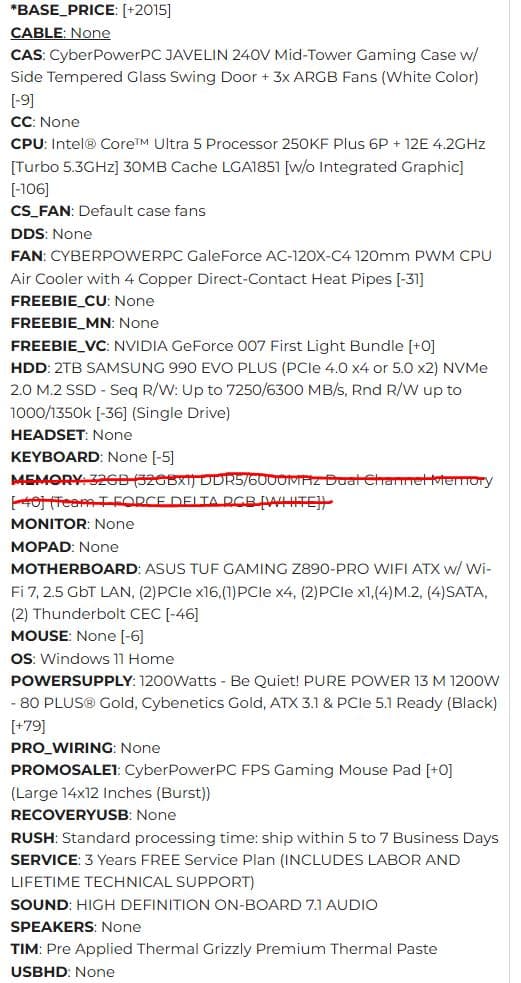 250KF | 2TB | 1200W Prebuilt without GPU/RAM