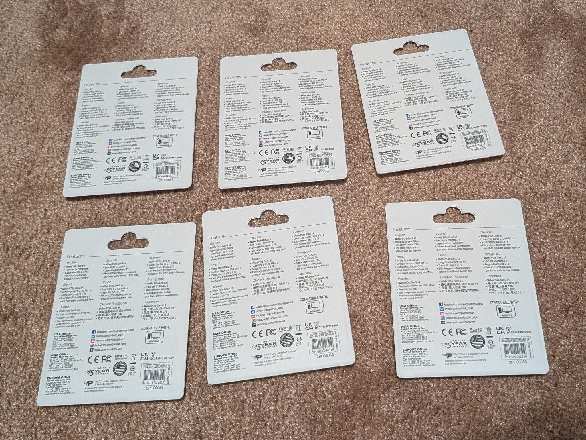 Lot of 6 Patriot P300 M.2 PCIe 256GB Low-Power Consumption SSD