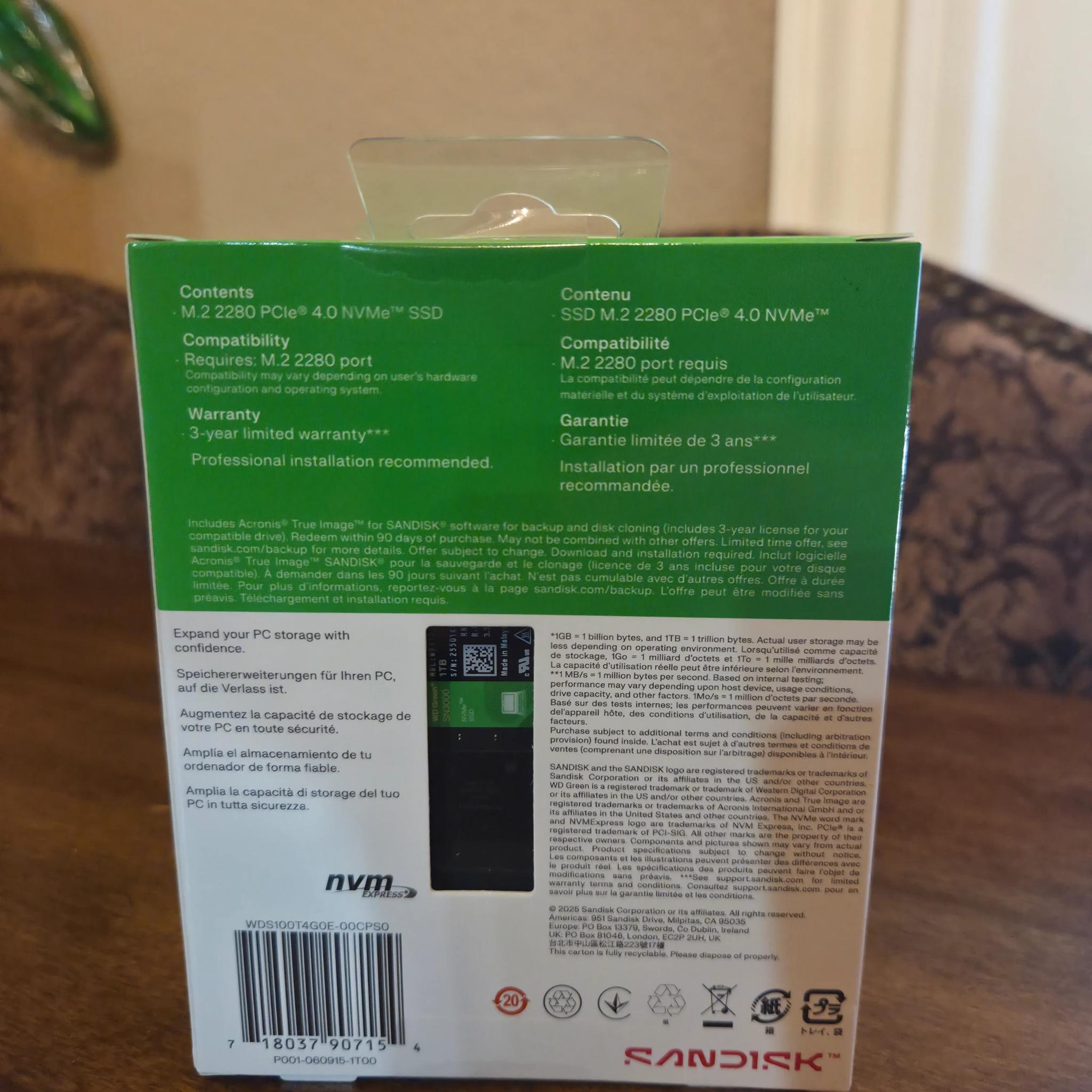 1TB PCIe 4.0 Western Digital/Sandisk WD Green SN3000 NVMe SSD - Brand New in Box!