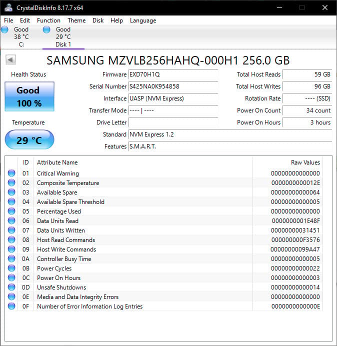 Used, Samsung PM981 256GB NVMe M.2 SSD