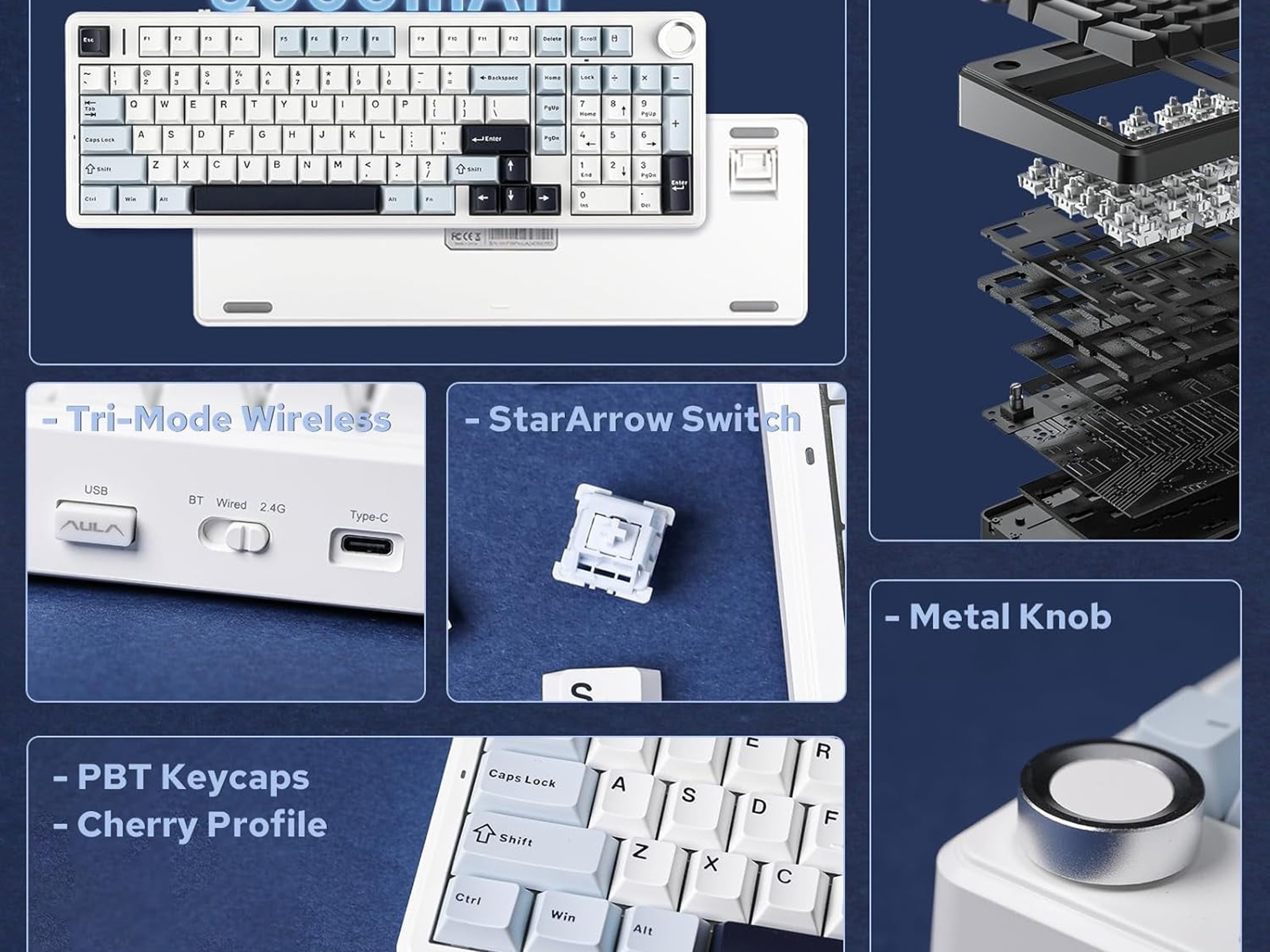 AULA F99 PRO (BRAND NEW) Blue White, Wireless Mechanical 95% LEOBOG Nimbus Switches w/ Knob