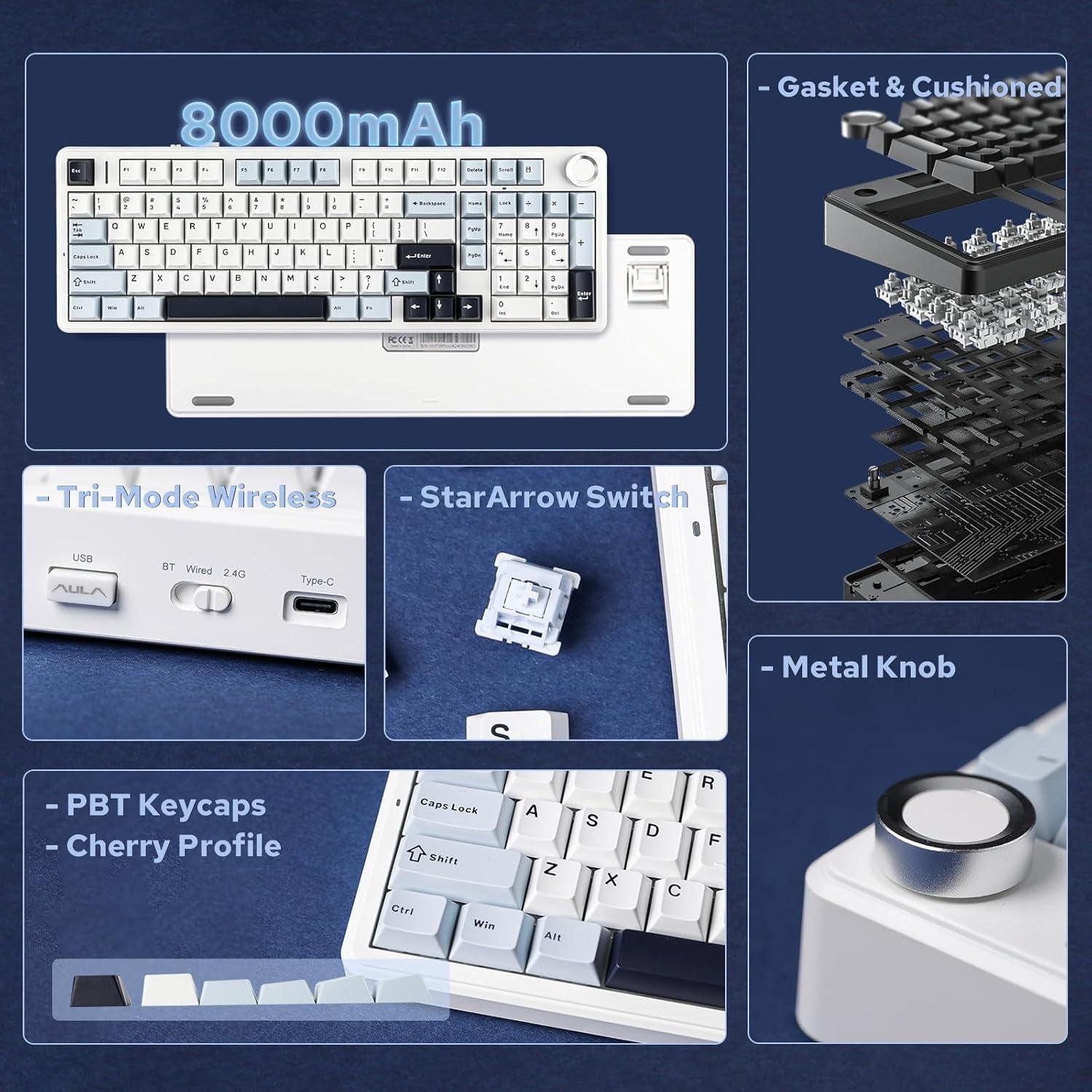 AULA F99 PRO (BRAND NEW) Blue White, Wireless Mechanical 95% LEOBOG Nimbus Switches w/ Knob