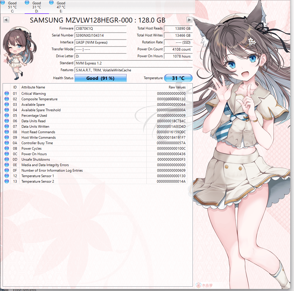 Samsung PM961 128GB NVMe M.2 SSD 91% Health