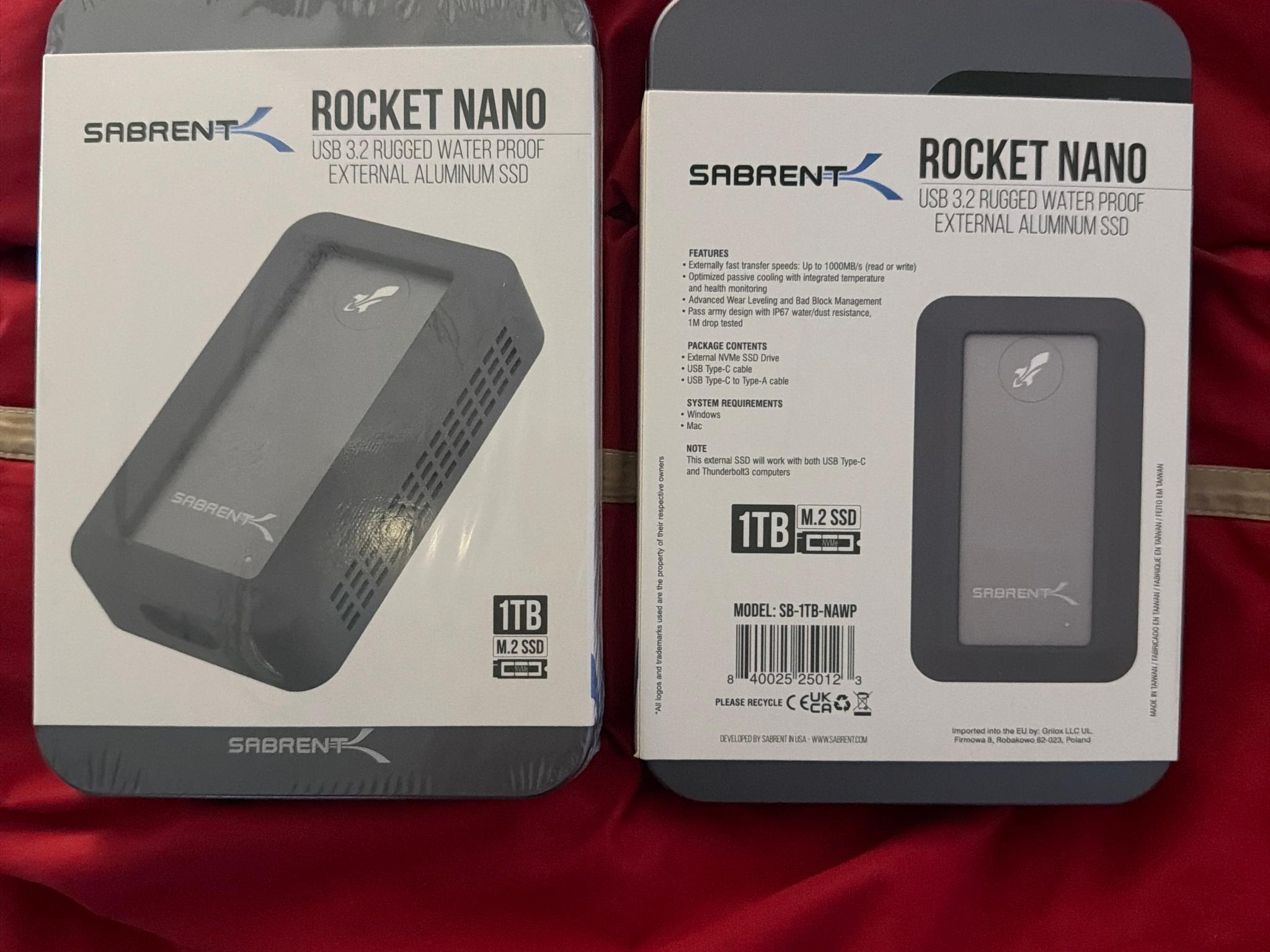 Sabrent Rocket Nano USB 3.2 Waterproof Rugged 1TB 1000MB/s Portable External Aluminum M.2 SSD Drive