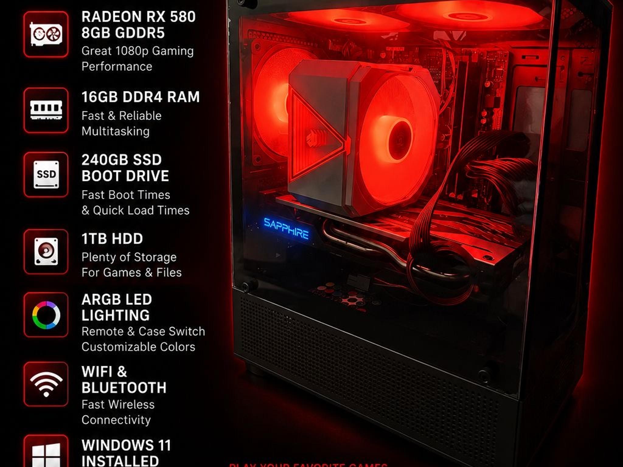Gaming PC Ryzen 5 3600 RX 580 8GB 16GB RAM WiFi RGB 240GB SSD + 1TB HDD Win11