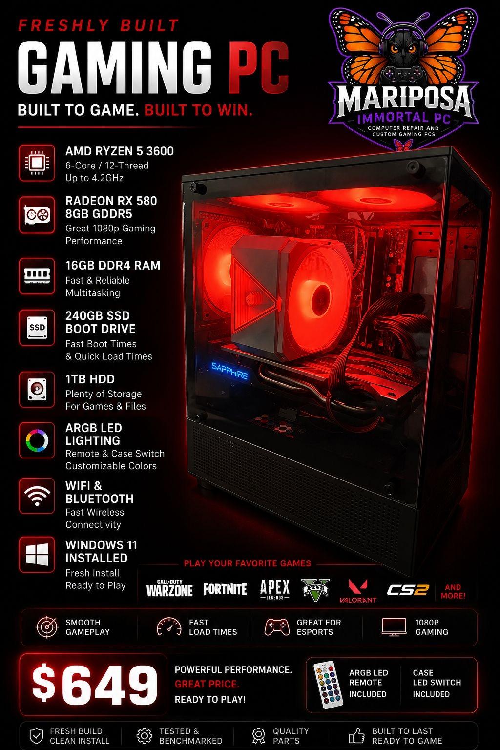 Gaming PC Ryzen 5 3600 RX 580 8GB 16GB RAM WiFi RGB 240GB SSD + 1TB HDD Win11