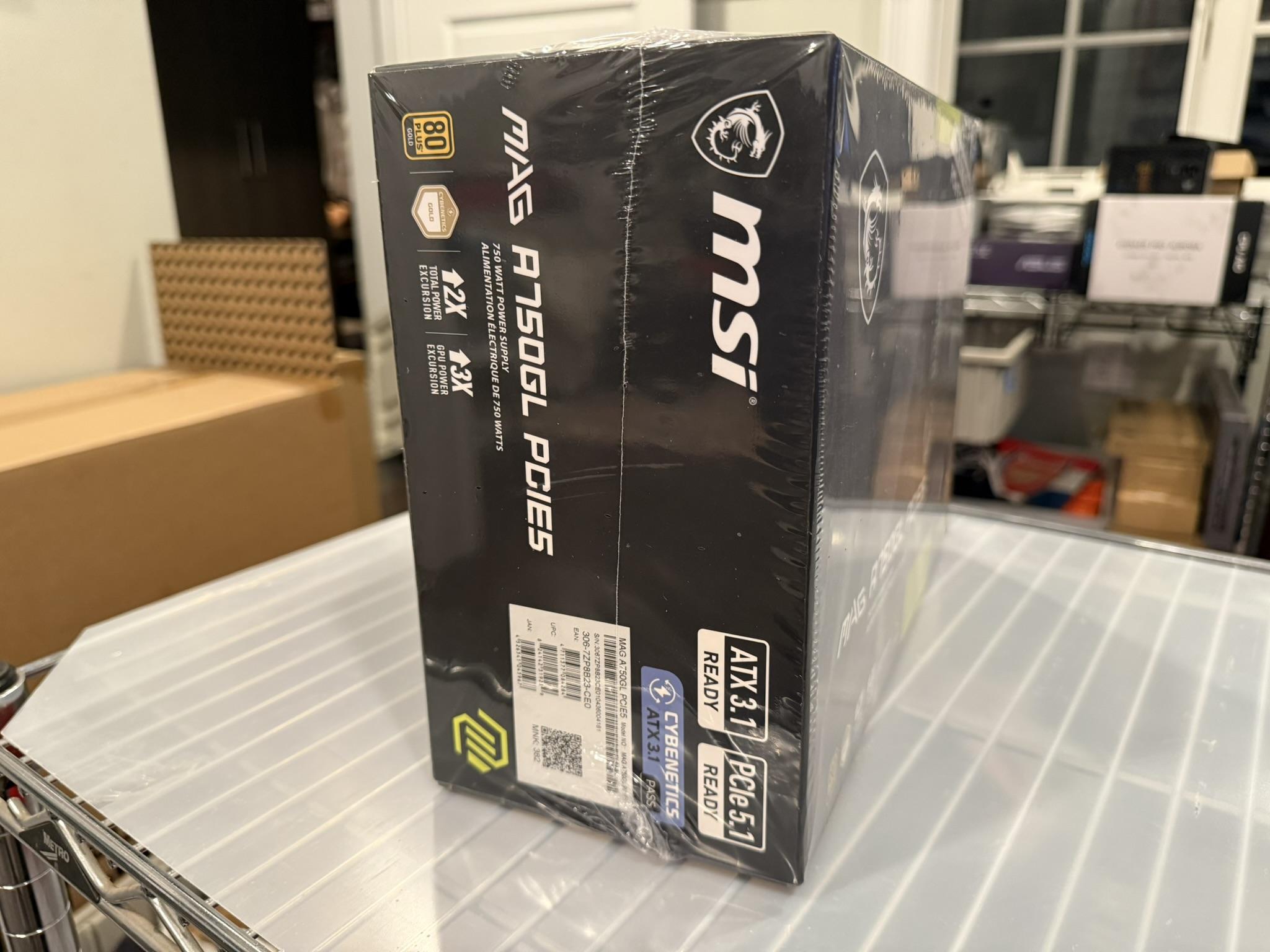 New. 750w PSU. MSI MAG A750GL PCIE5. 80+ Gold, ATX3.1, PCIe 5.1. Factory sealed.