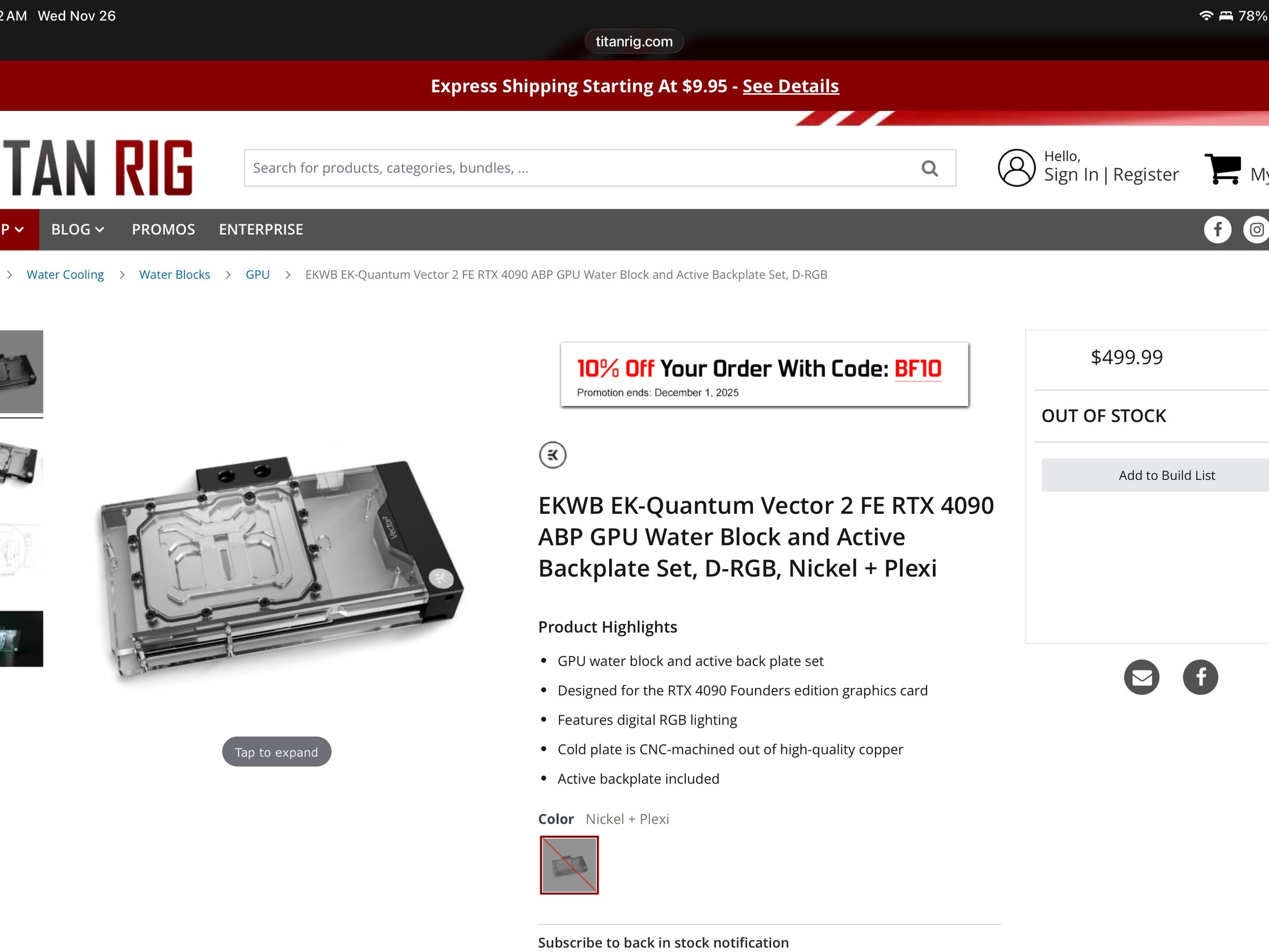 EK Quantum Vector2 ARGB GPU Water Block + Active Backplate for Nvidia RTX 4090 FE