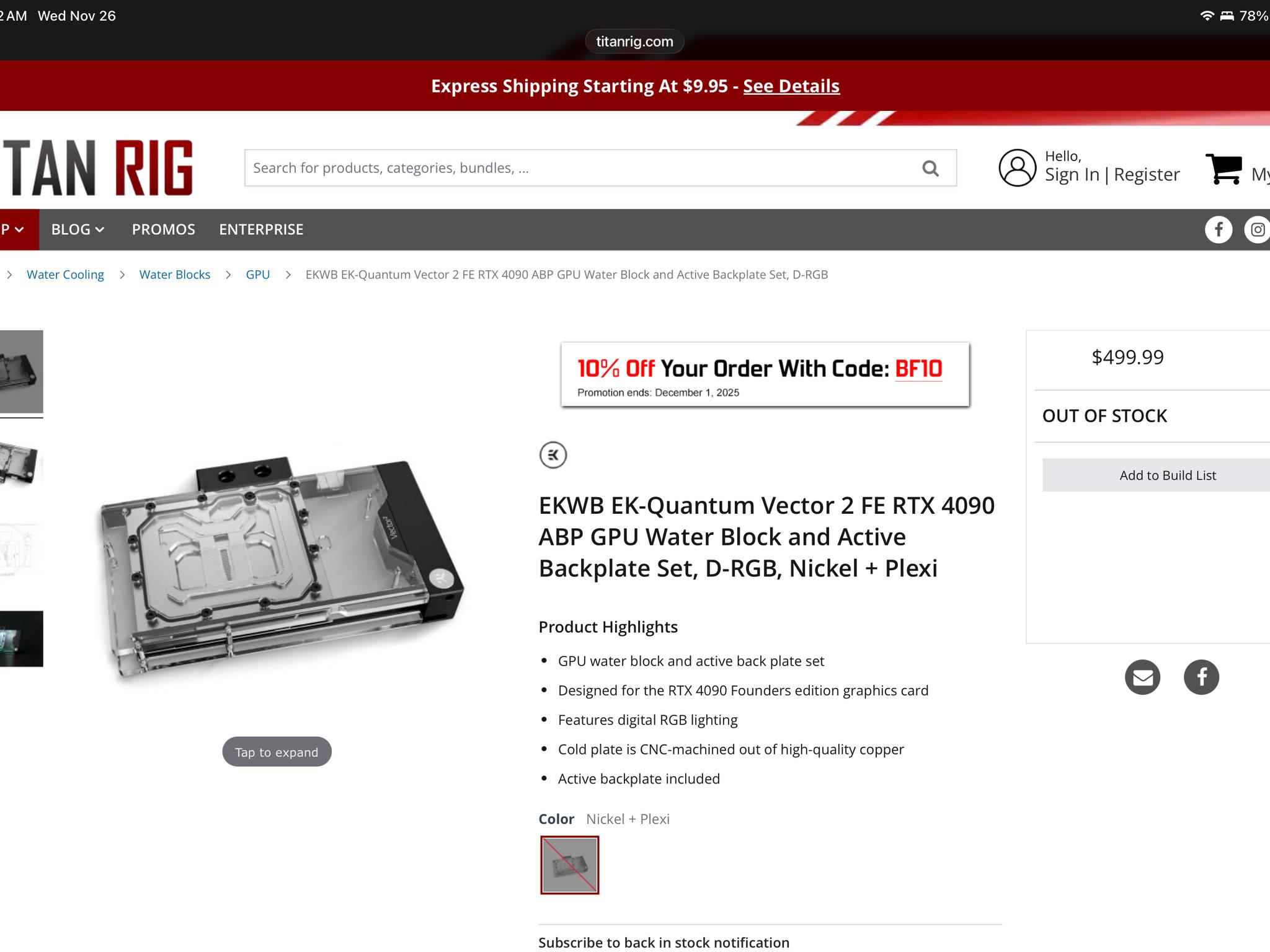 EK Quantum Vector2 ARGB GPU Water Block + Active Backplate for Nvidia RTX 4090 FE