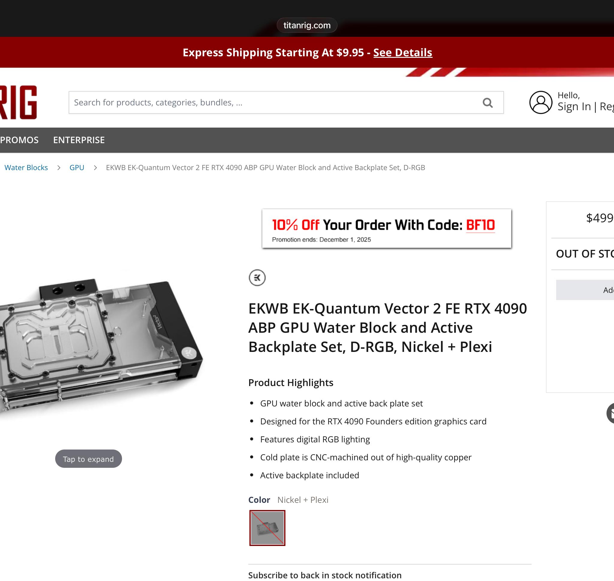 EK Quantum Vector2 ARGB GPU Water Block + Active Backplate for Nvidia RTX 4090 FE