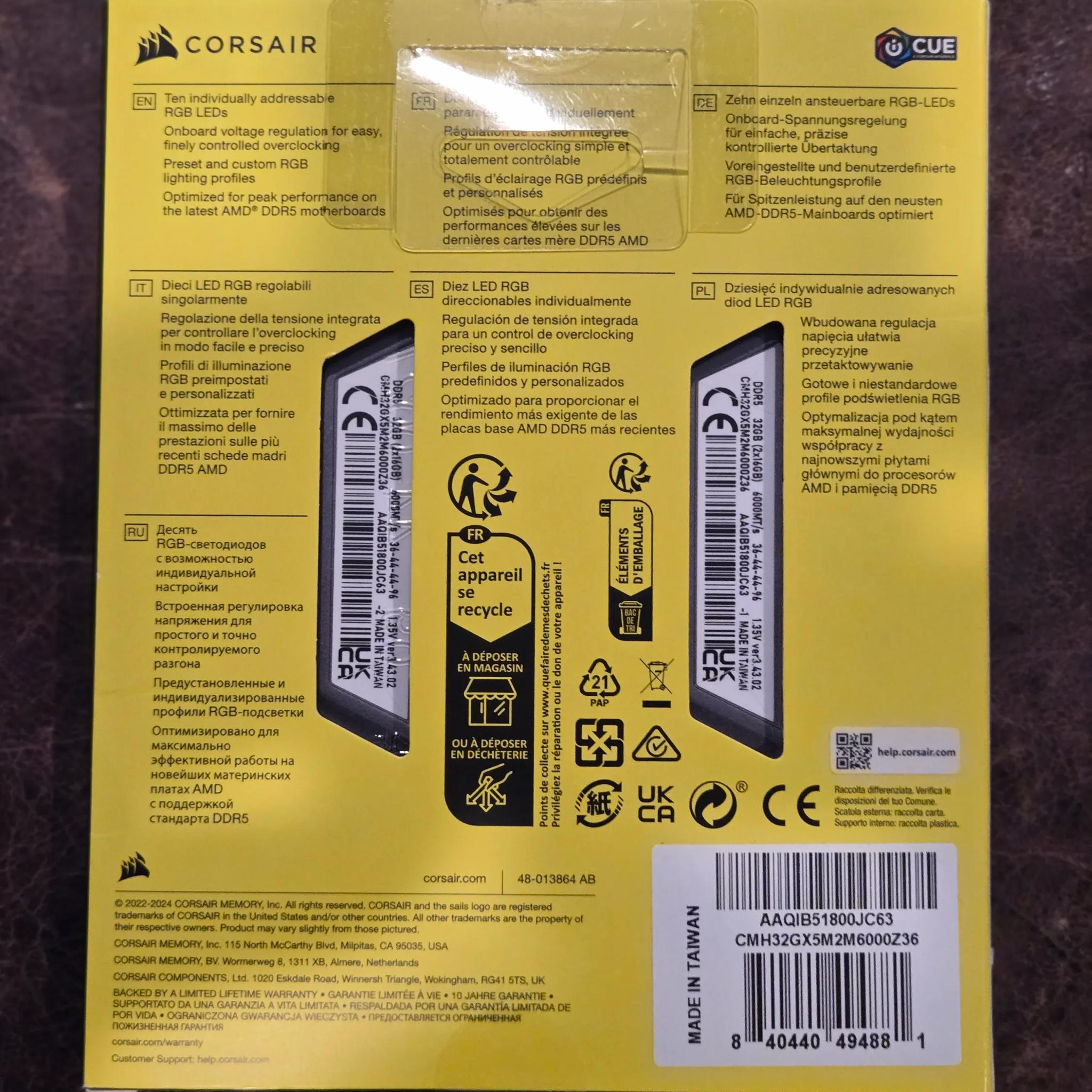 Corsair VENGEANCE RGB 32GB (2 x 16GB) DDR5-6000 PC5-48000 CL36