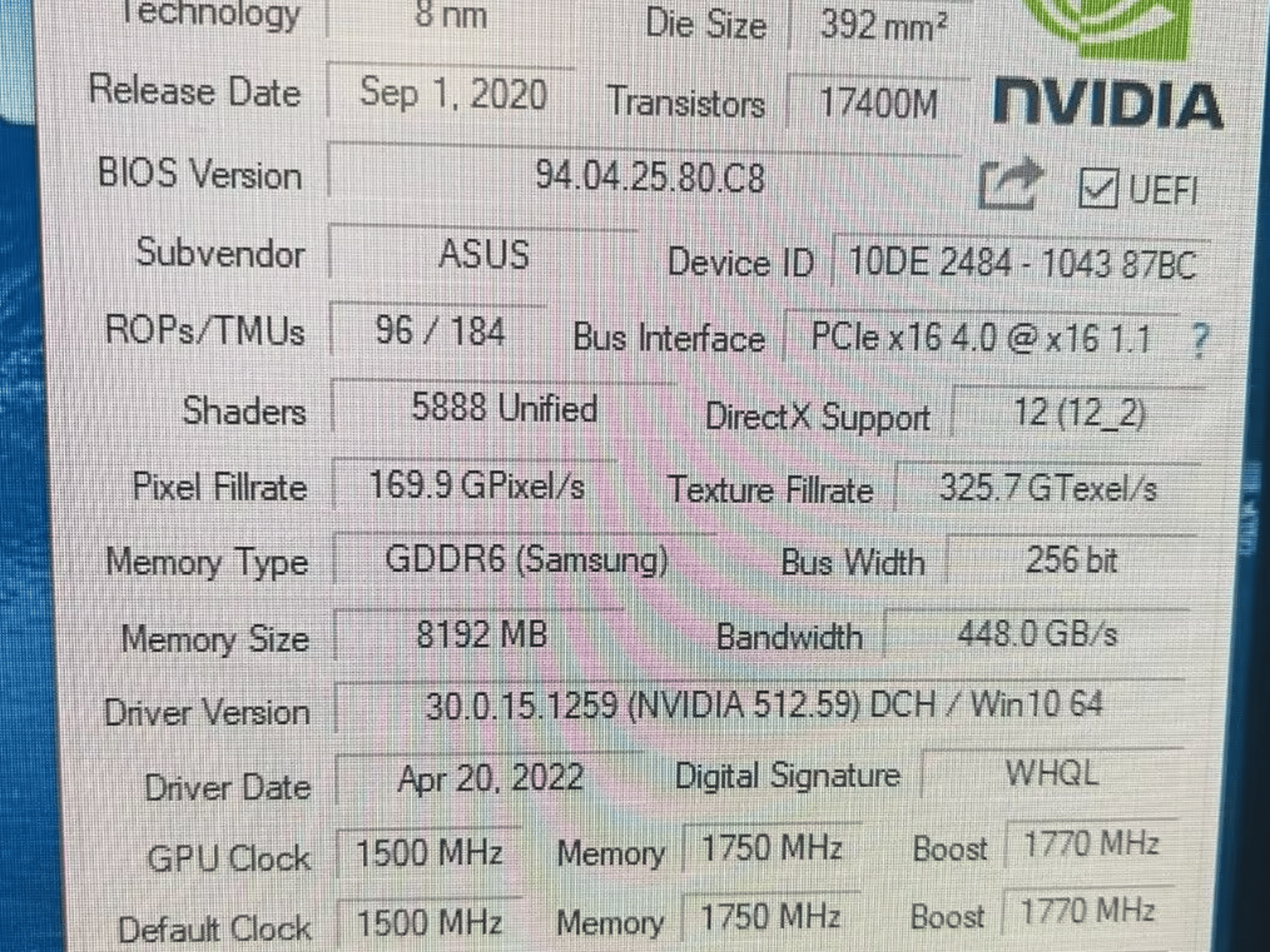 ASUS DUAL GeForce RTX 3070 8GB GDDR6 Graphics Card Non-LHR