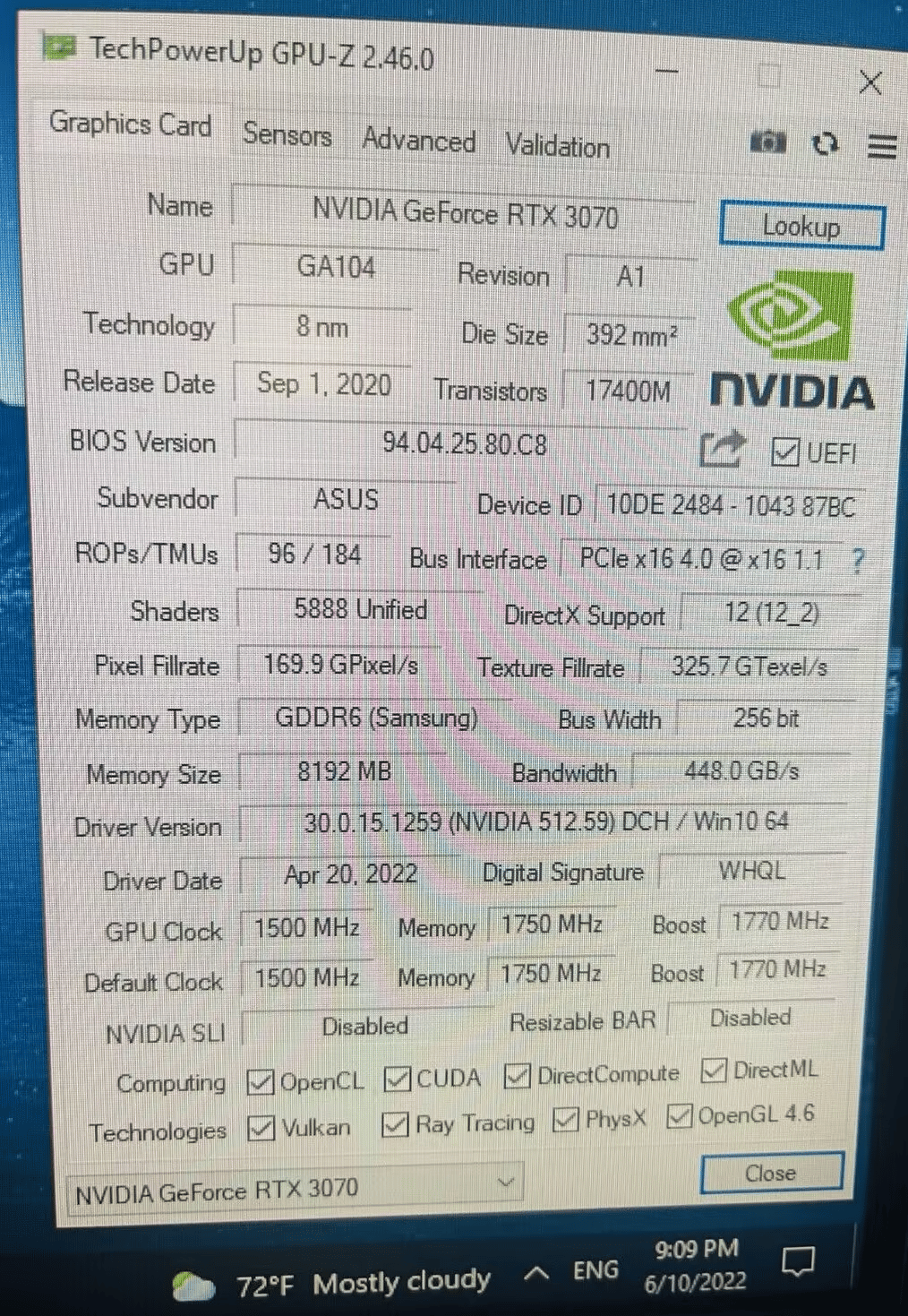 ASUS DUAL GeForce RTX 3070 8GB GDDR6 Graphics Card Non-LHR
