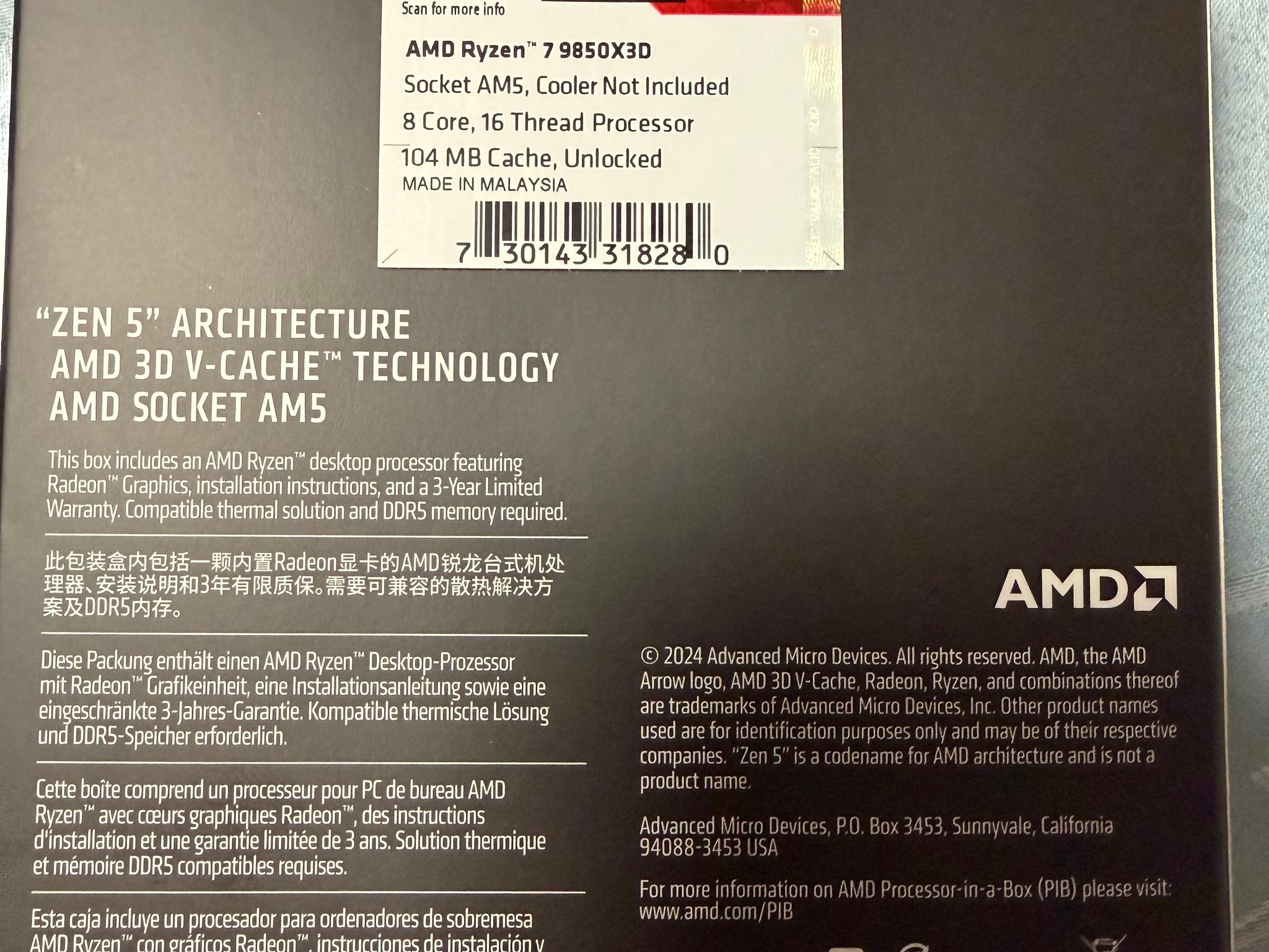 NEW AMD Ryzen 7 9850X3D Granite Ridge AM5 4.70GHz 8-Core Boxed Processor