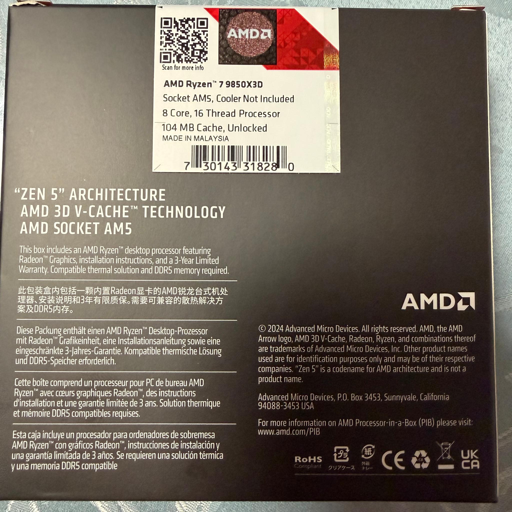 NEW AMD Ryzen 7 9850X3D Granite Ridge AM5 4.70GHz 8-Core Boxed Processor