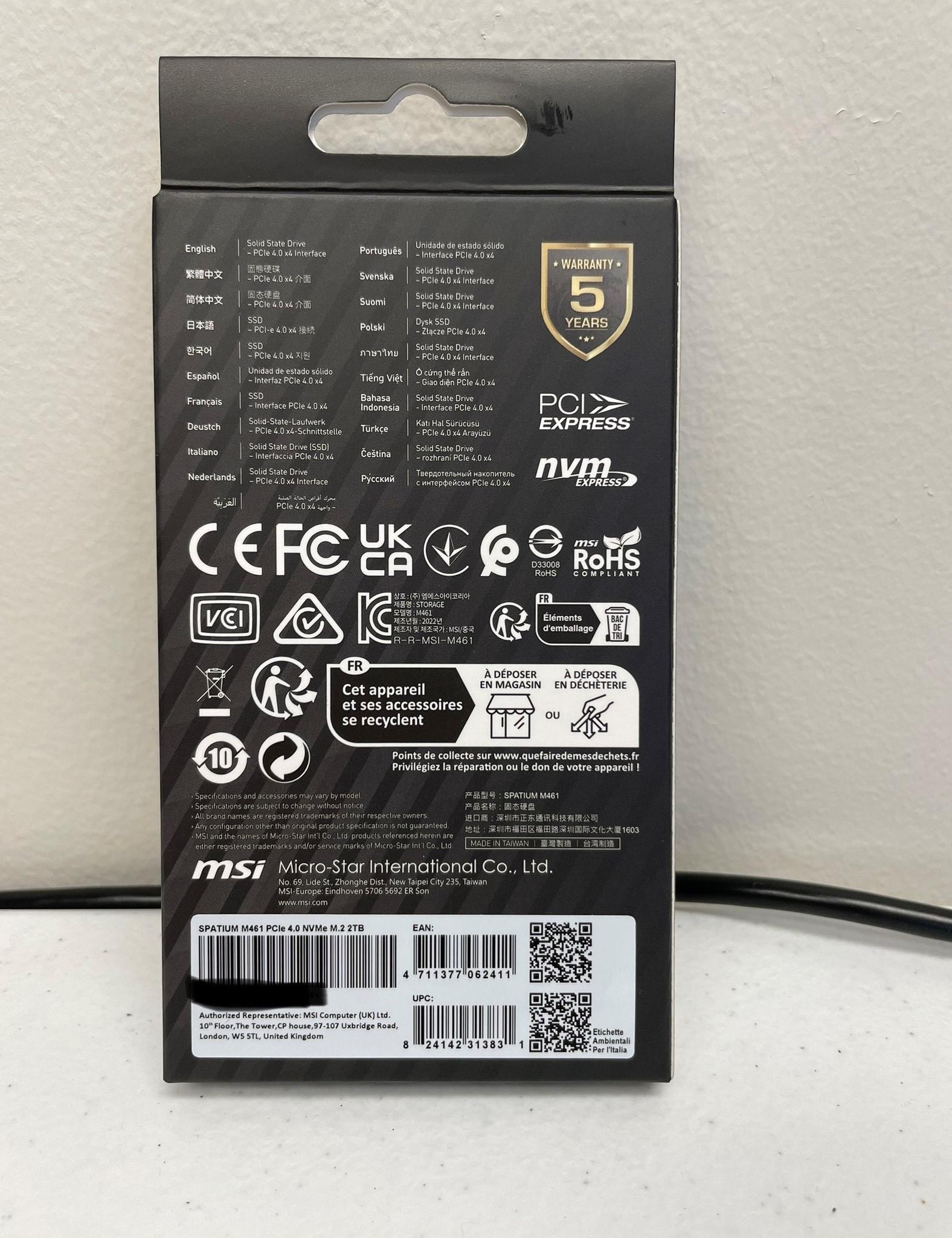 NEW MSI 2TB Spatium M461 PCIE4.0