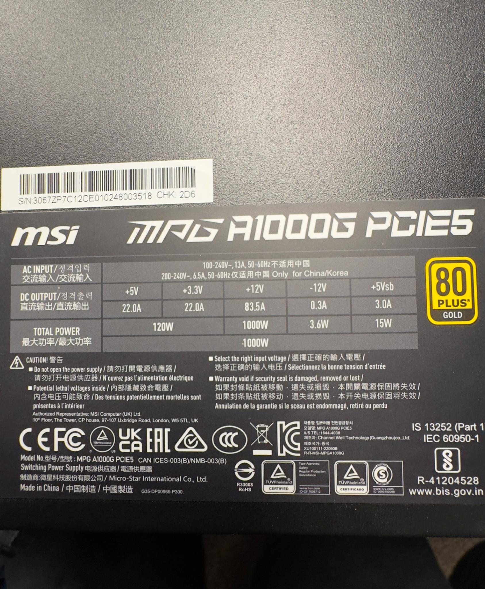 High End MSI PSU 1000w a1000g PCIE 5.0/ATX3.0 gently used 8+ year warranty!