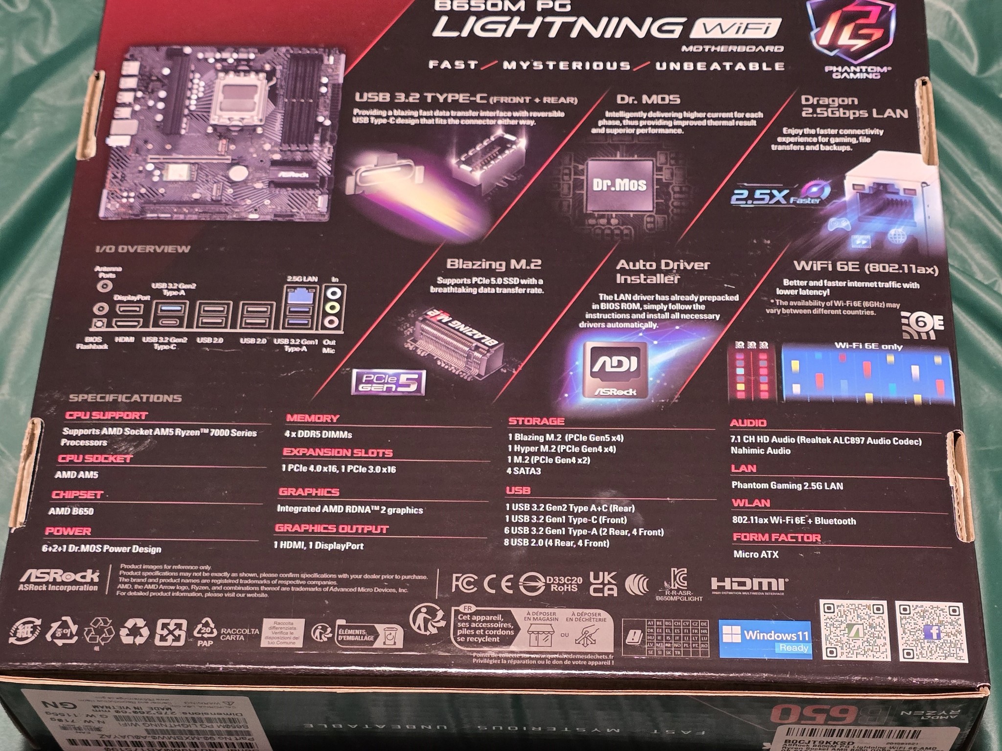 ASRock B650M PG Lightning WiFi 6E AMD Ryzen Socket AM5 SATA3 6.0 Gb/s ATX Motherboard M.2 RGB LED