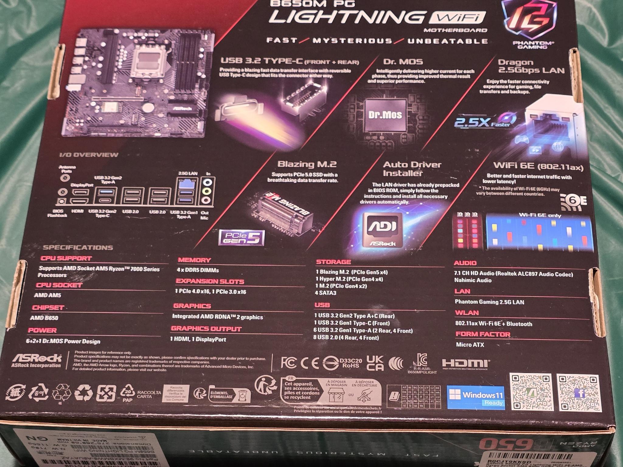 ASRock B650M PG Lightning WiFi 6E AMD Ryzen Socket AM5 SATA3 6.0 Gb/s ATX Motherboard M.2 RGB LED