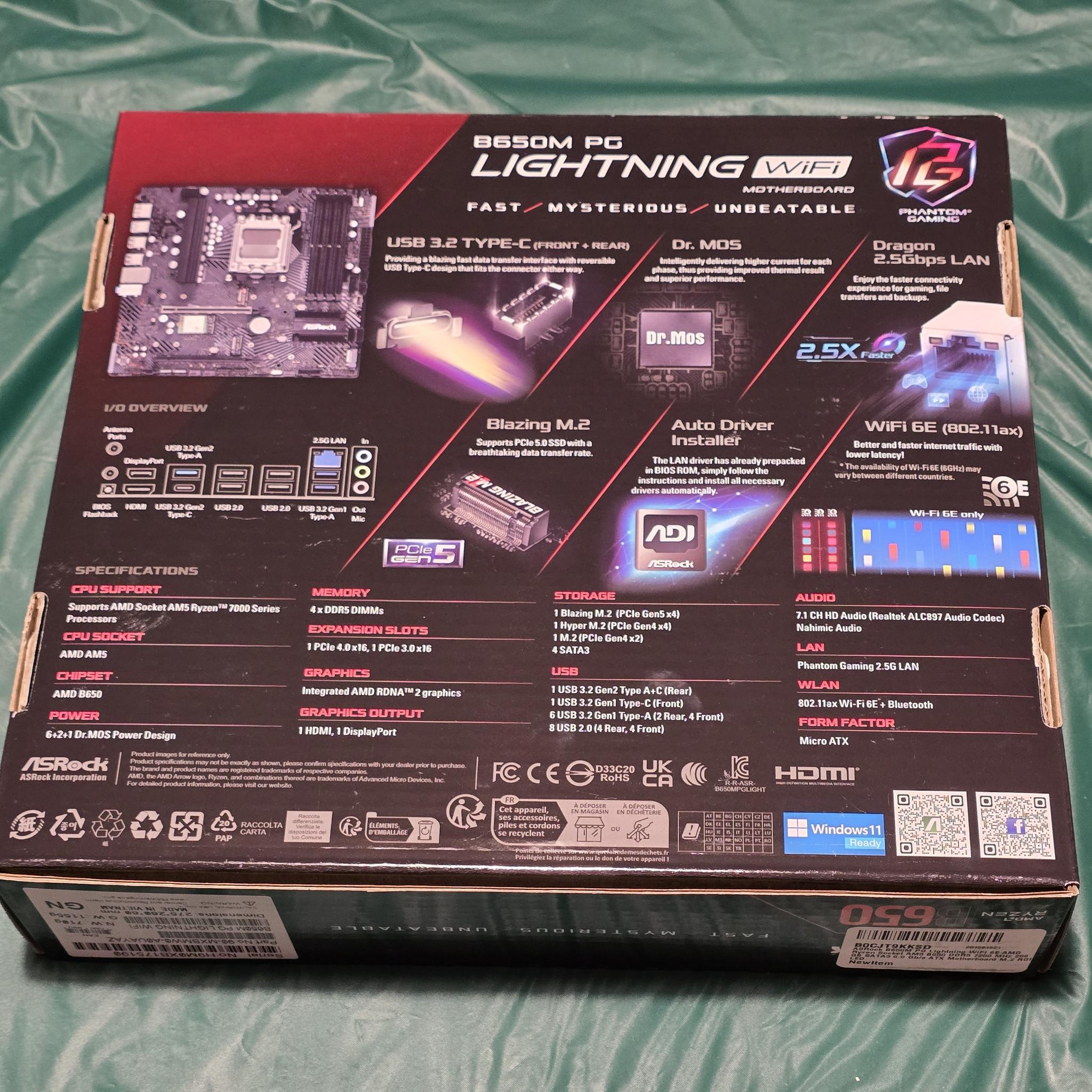 ASRock B650M PG Lightning WiFi 6E AMD Ryzen Socket AM5 SATA3 6.0 Gb/s ATX Motherboard M.2 RGB LED
