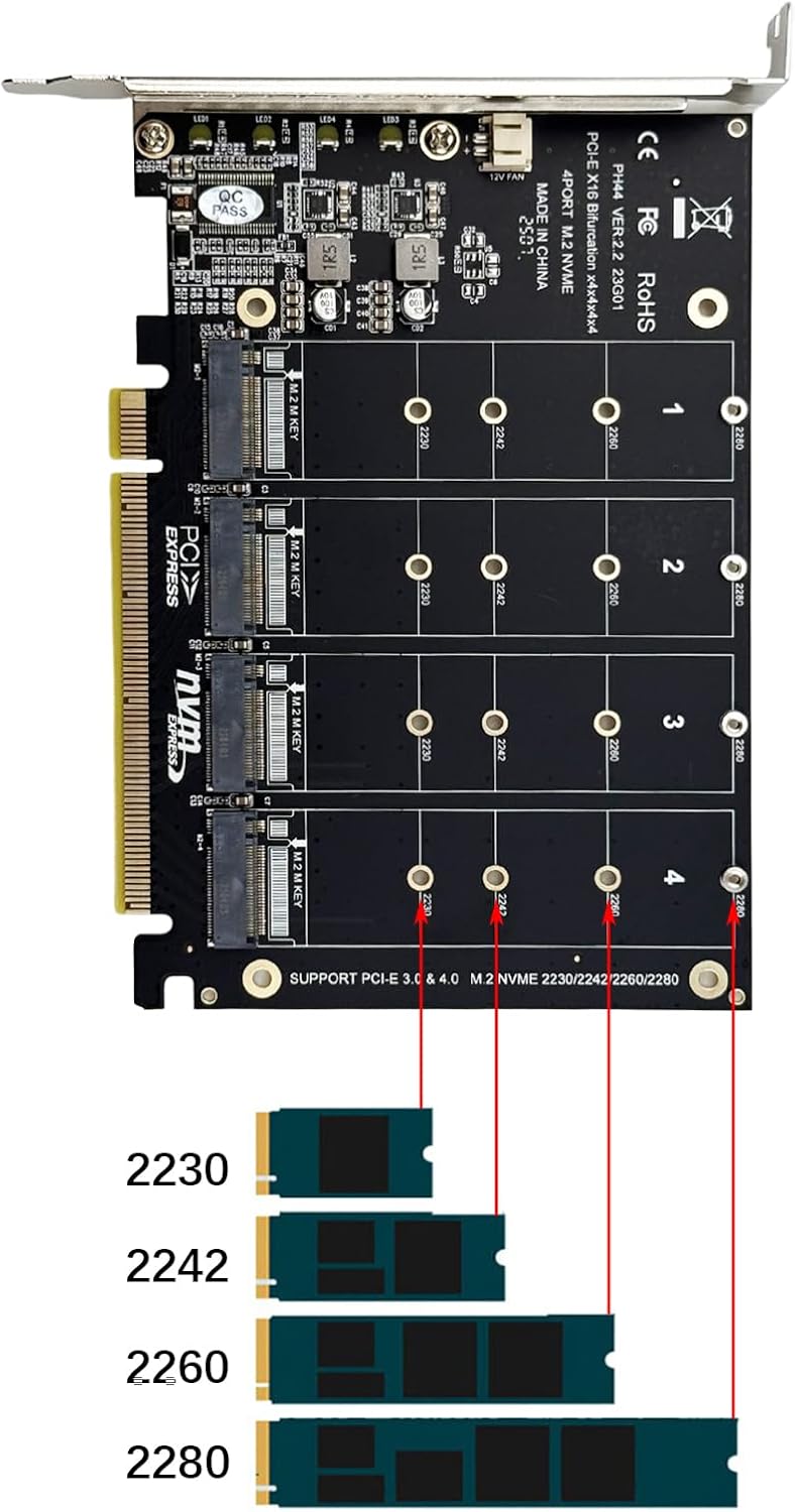 M.2 NVMe SSD to PCI-E x16 Host Controller Expansion Card 4 x 64Gbps M Key Hard Drive