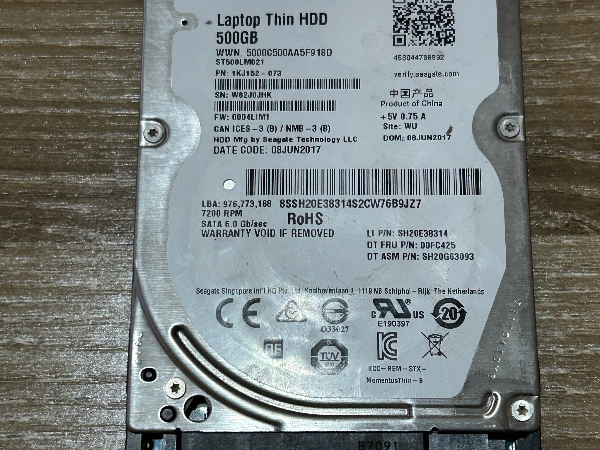 Seagate ST500LM021 500GB 2.5" 6Gb/s  7.2K RPM SATA HDD P/N: 1KJ152-073